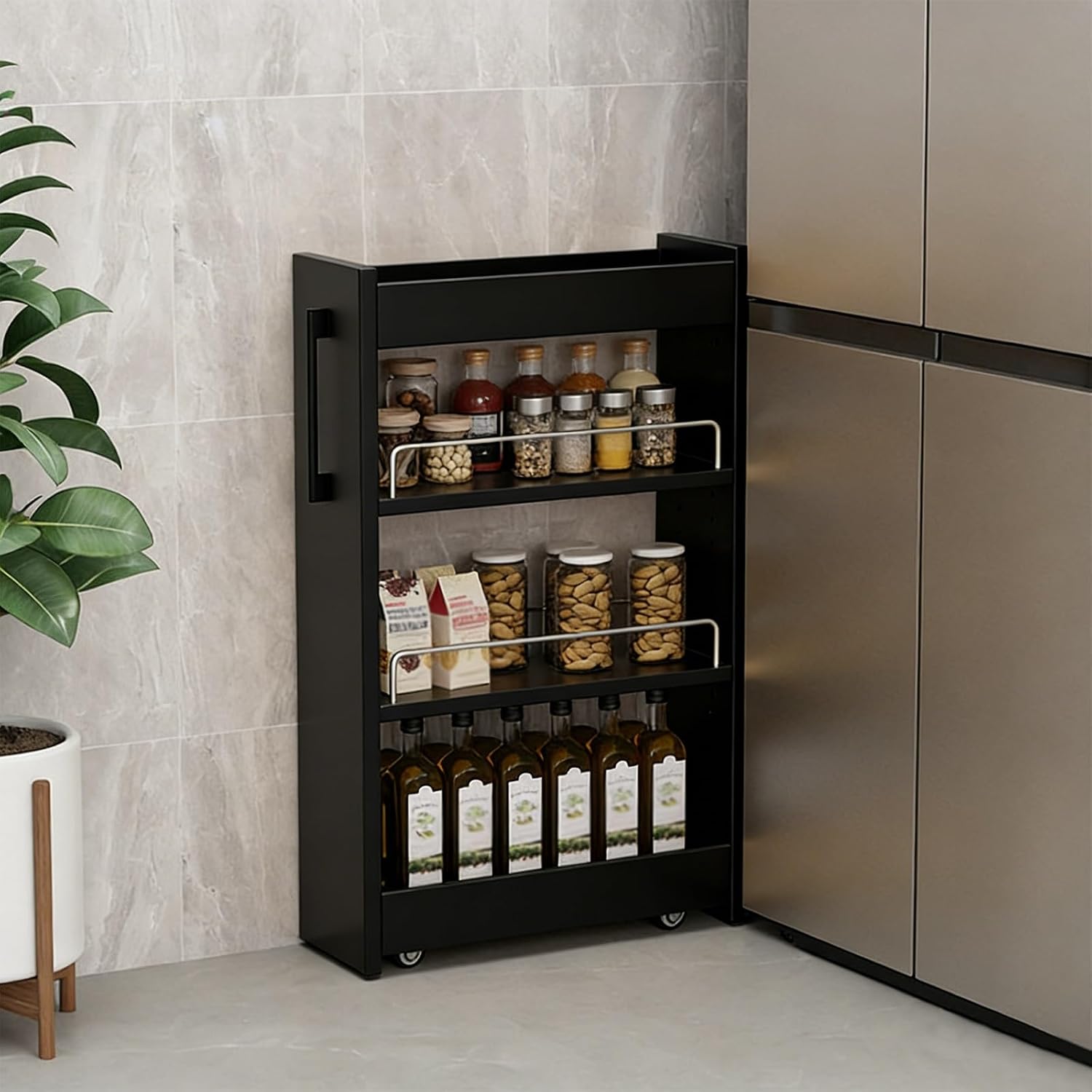 Skinny Rolling Storage Cart with Wheels, Multi-Tier Narrow Pull-Out Pantry, Slim Kitchen Organizer, Mobile Utility, for Home, Kitchen, Dining Room(Black,17.7x6x31.7in)