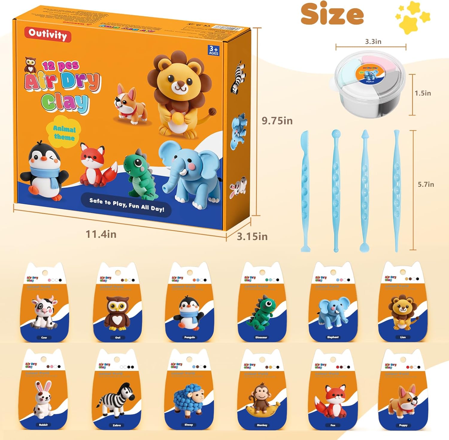Air Dry Clay Kit for Kids, 12 Animal Crafts Modeling Clay Model Magic, Clay Kits with Sculpting Tools & Tutorials, Safe & Non-Stick DIY Art Crafts, Toys Gift for Ages 3-12 Boys & Girls