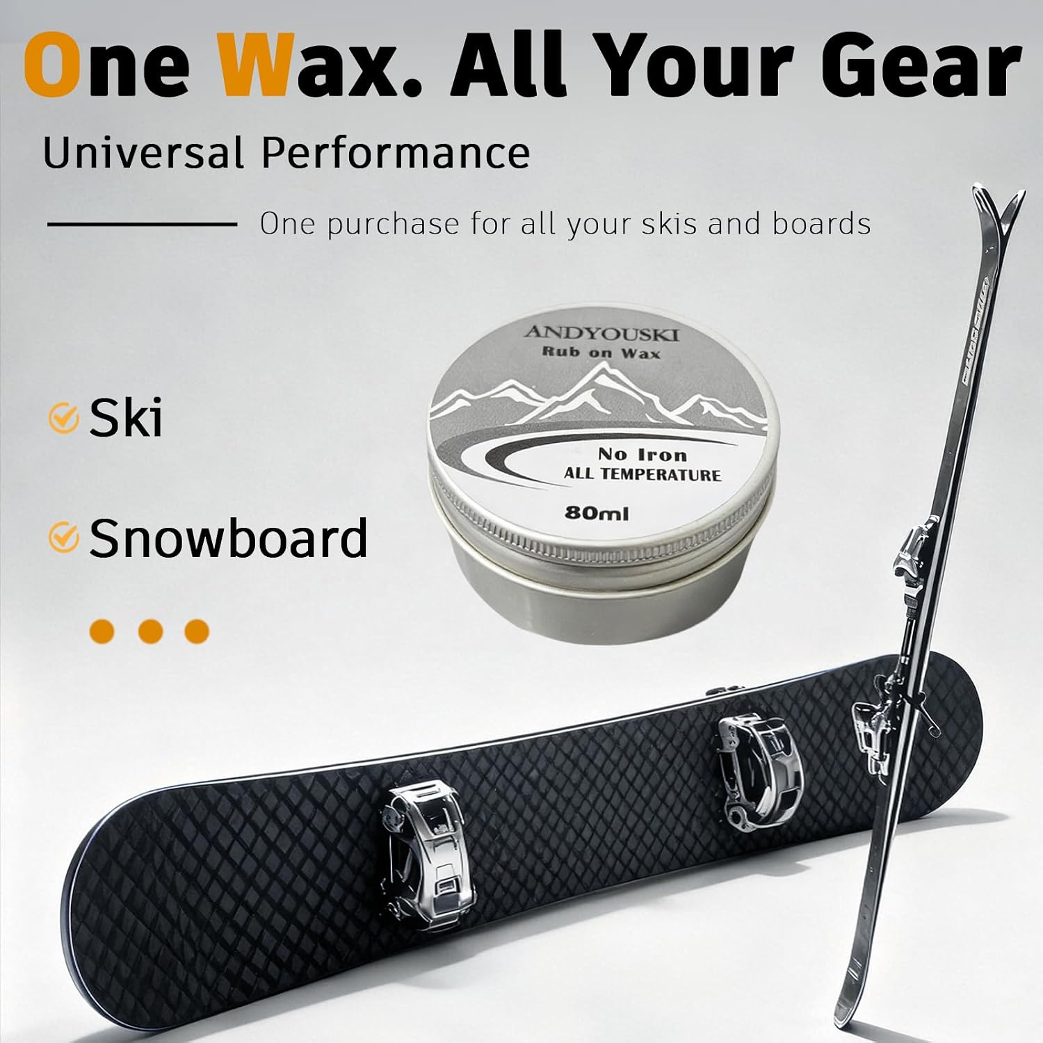 Rub On Ski and Snowboard Wax Full-Temperature, 80ml Tin - Includes Mini Scraper & Cork, No Iron Needed, Easy On-the-Go Application for Smooth Glide