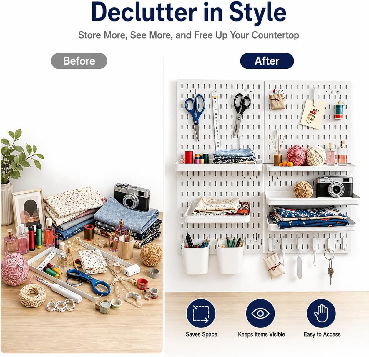 PSLER 22"×22" White Pegboard Kit with 17 Accessories, Garage Office Storage | Pegboard，Complete Hooks Accessories Kit, Multi-scene Organizer, Wall Mount Space Saving,Fits All Wall Surfaces