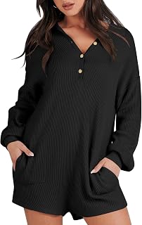 Women Sweater Rompers 2023 Fall Outfits Trendy Long SLeeve Henley V Neck Knit Lounge Jumpsuits Onesie