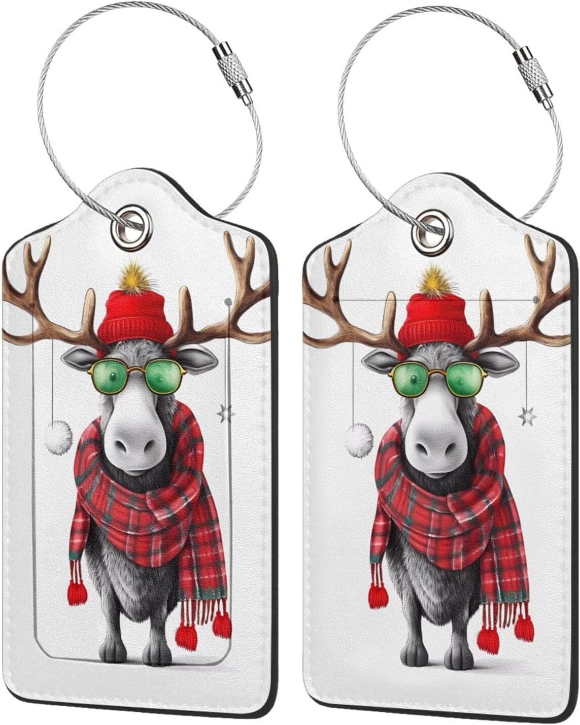 Funny Christmas Moose 2 Pack PU Leather Luggage Tags, Double Sided Printed Travel Bag Tags with Privacy Cover