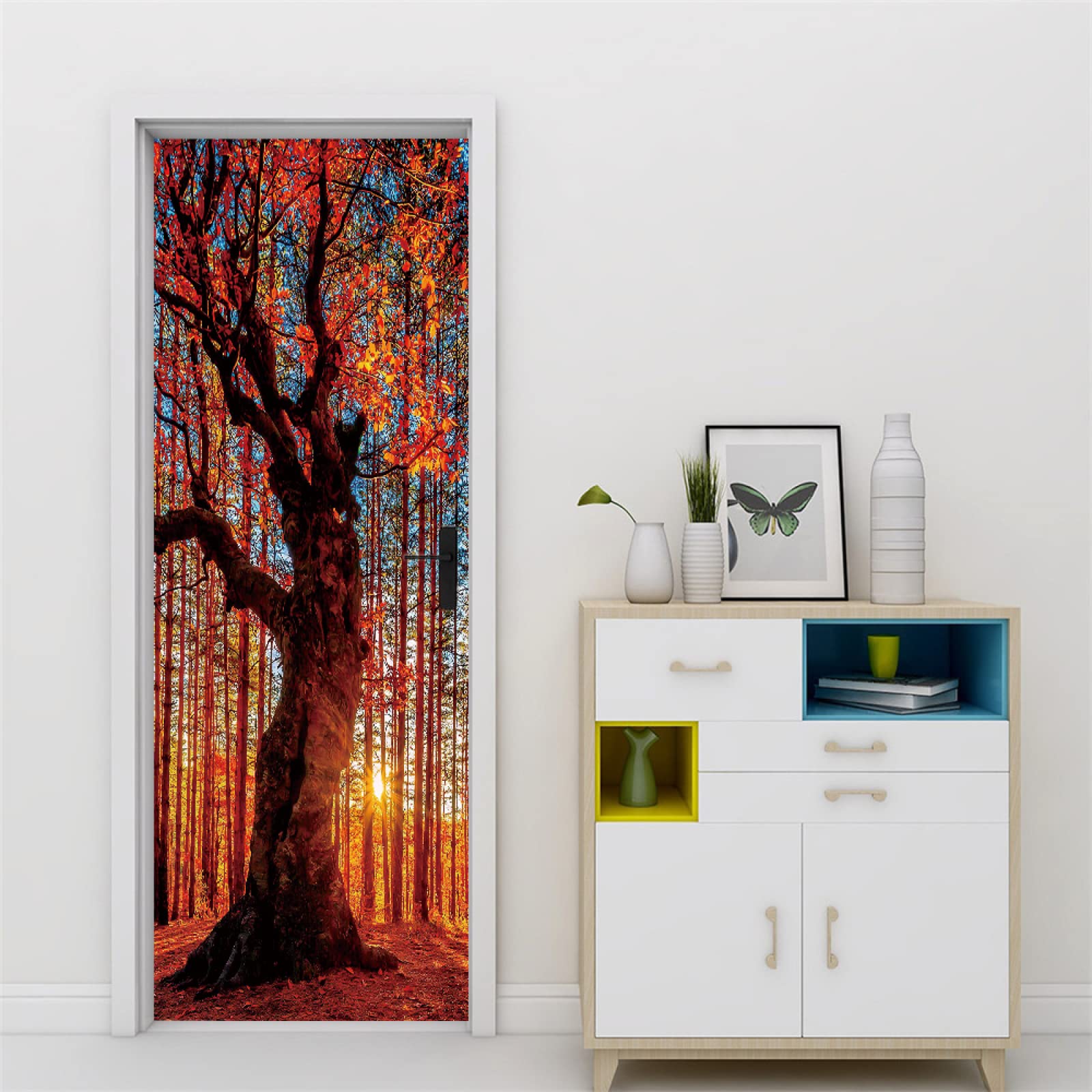 3d Stickers Porte Porte Arbres rouges et à fleurs Auto-AdhéSif Murale DéCoration De La Maison Stickers Muraux Chambre Salon Affiche Amovible Art Autocollants L100 x H200cm