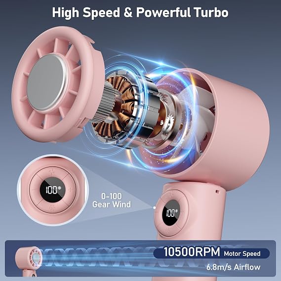 Handheld Fan: Portable Fan Blow Cold Air with Small Ice Cooling Plate | 4000mAh Rechargeable 100 Gear Personal Turbo Fan Battery Operated for Outdoor Travel Essentials Women Men Mom Dad Gifts