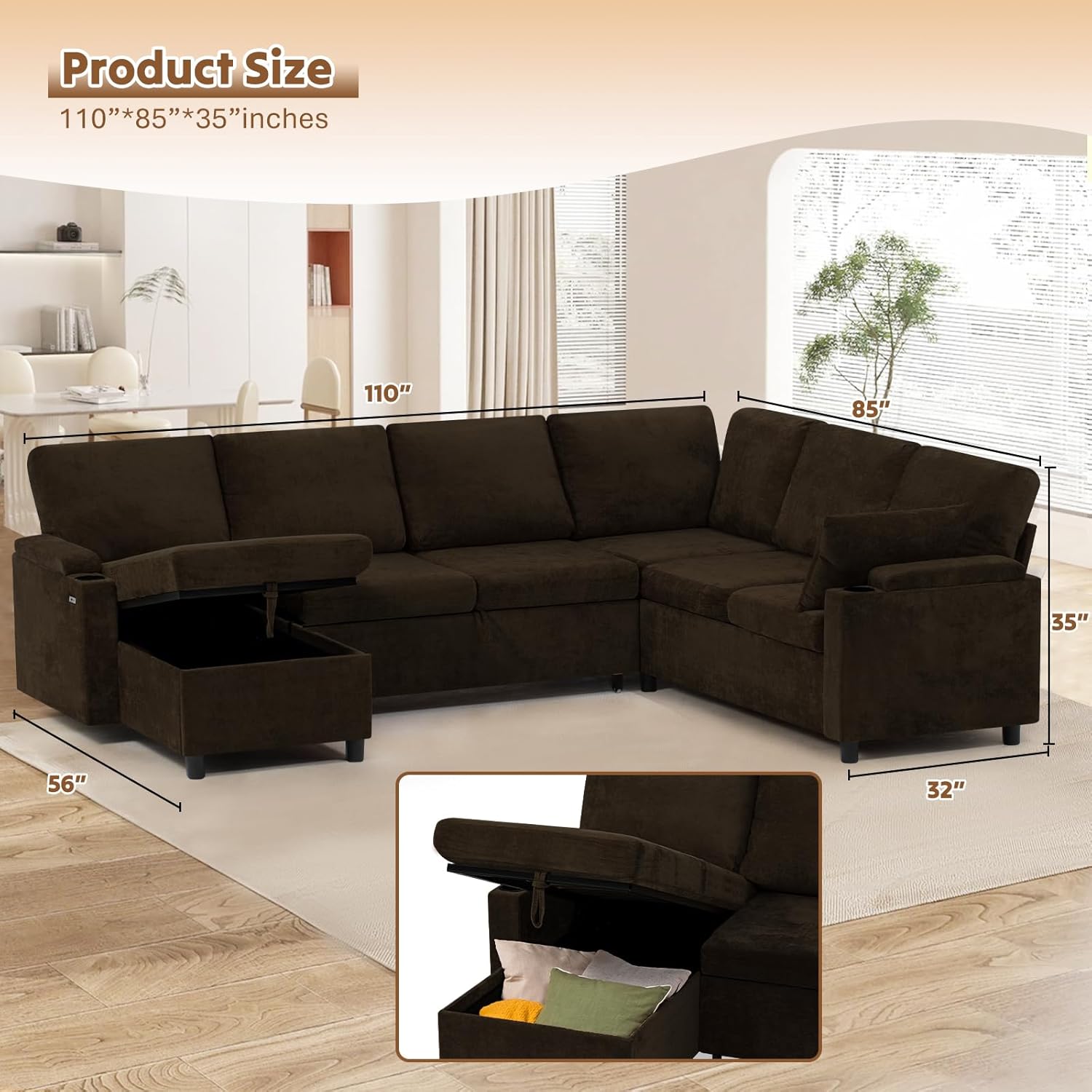 110” Chenille Reversible Sectional Sofa w/Pull Out Bed Storage USB Cup Holders Brown