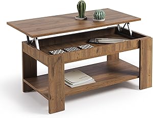 HOGAR 24 Mesa de Centro Elevable con Revistero, Color Madera Envejecida Nogal. Medidas: 100x50x49/57
