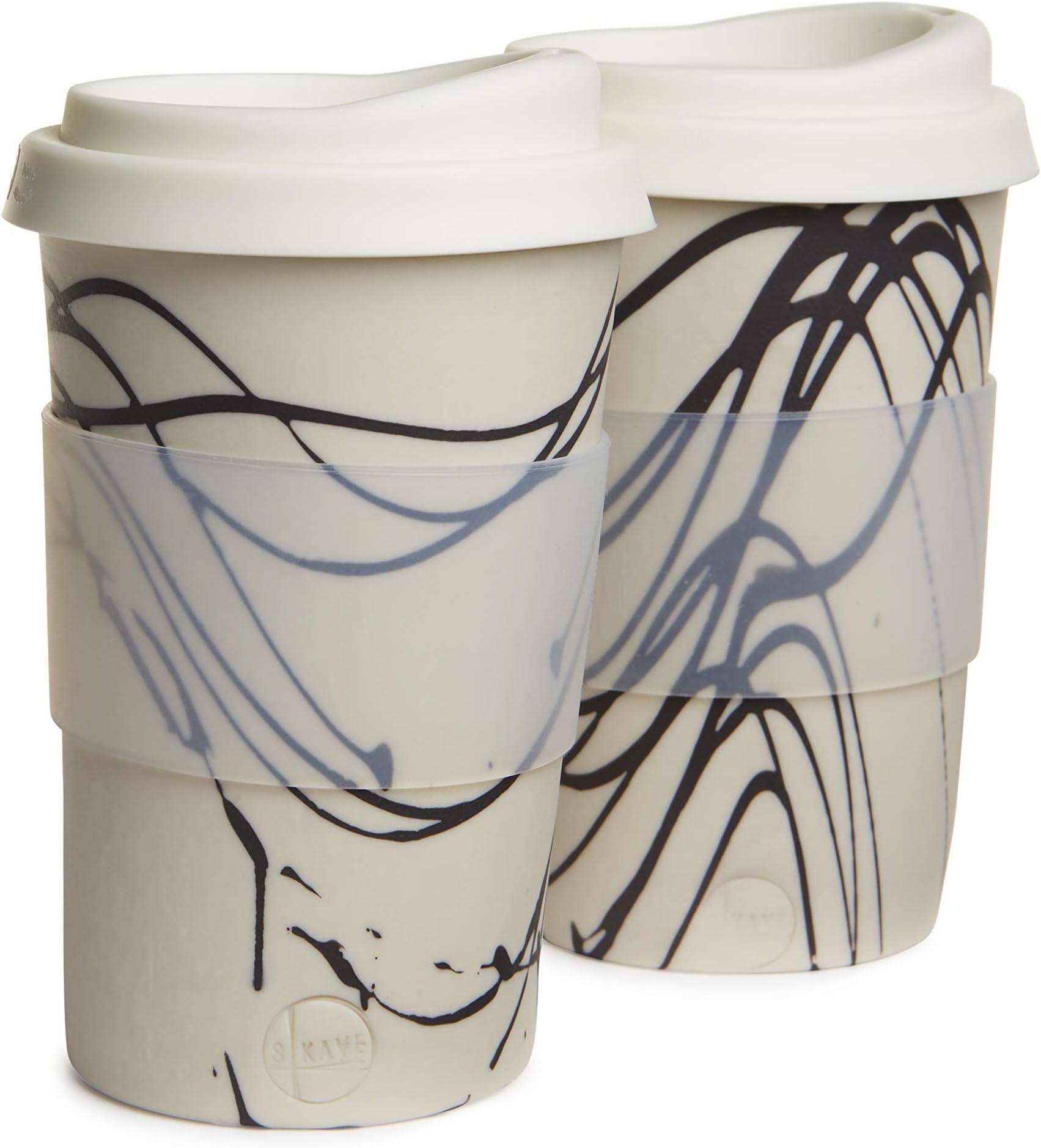 a pair of ceramic handmade to-go/travel cups for home, car or coffee shop use. Silicone lid and cuff, porcelain body. dishwasher proof. 12-14 oz. (2 cups) (White with black swirls)