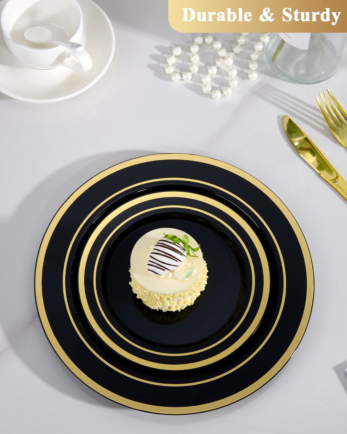 Goodluck 200 PCS Black Plastic Plates with Gold Rim, Heavy Duty Disposable Black Plates with 100 10.25 inch Dinner Plates and 100 7.5 inch Dessert Plates for Party, Holiday, Wedding