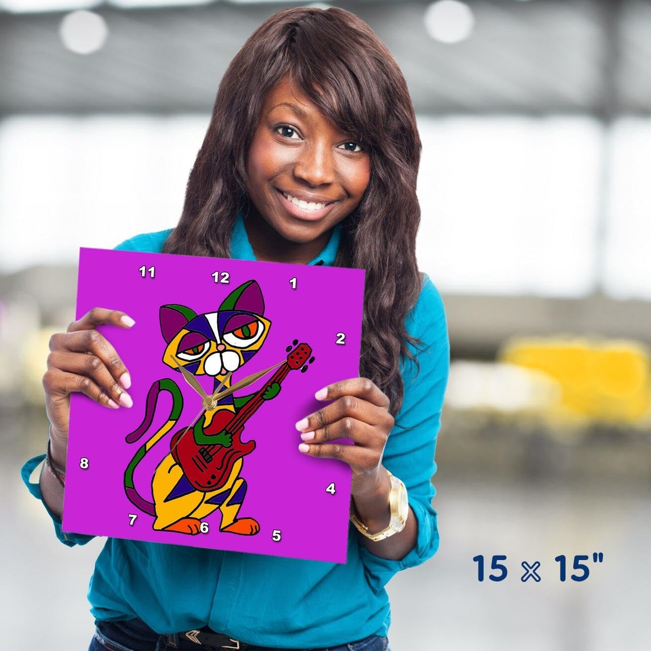 3dRose DPP_200563_3 Funny Psychedelic Cat Playing Red Electric Guitar Art Wall Clock, 15 by 15-Inch