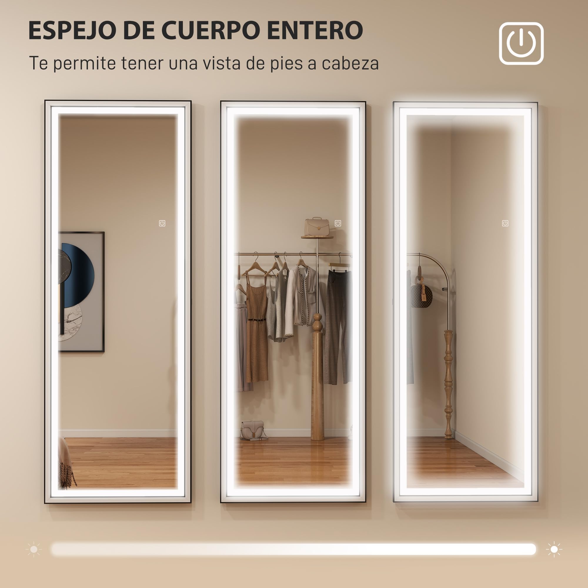HOMCOM Espejo de Pie Cuerpo Entero con Luces, 165x60 cm, Espejo de Cuerpo Entero, 3 Temperaturas de Color, Brillo Ajustable, Independiente, Apoyado y de Pared, para Dormitorio, Salón, Blanco y Negro