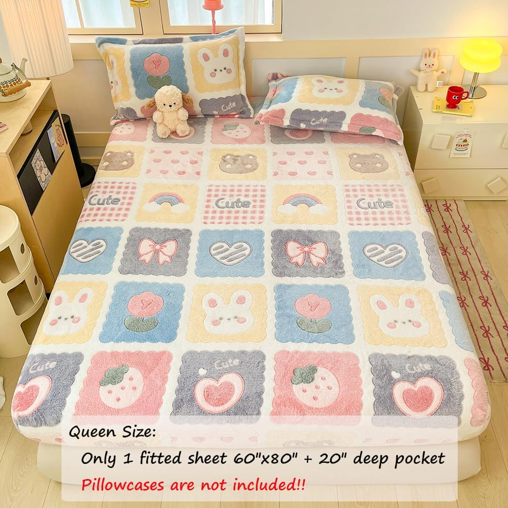Super Soft Fleece Fitted Sheet for Kids, Kawaii Cartoon Printed Fuzzy Fleece Mattress Cover with 20" Deep Pocket, Plaid Bed Mattress Protector,Queen Size Bedding (Lovely Grid, Queen)