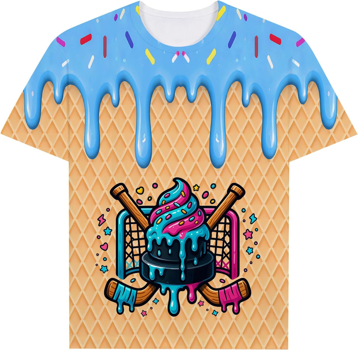 Kids Youth Sports Drip Ice Cream T-Shirt, Waffle Cone Graphic Tee, Unisex Boys Girls Teen Short Sleeve