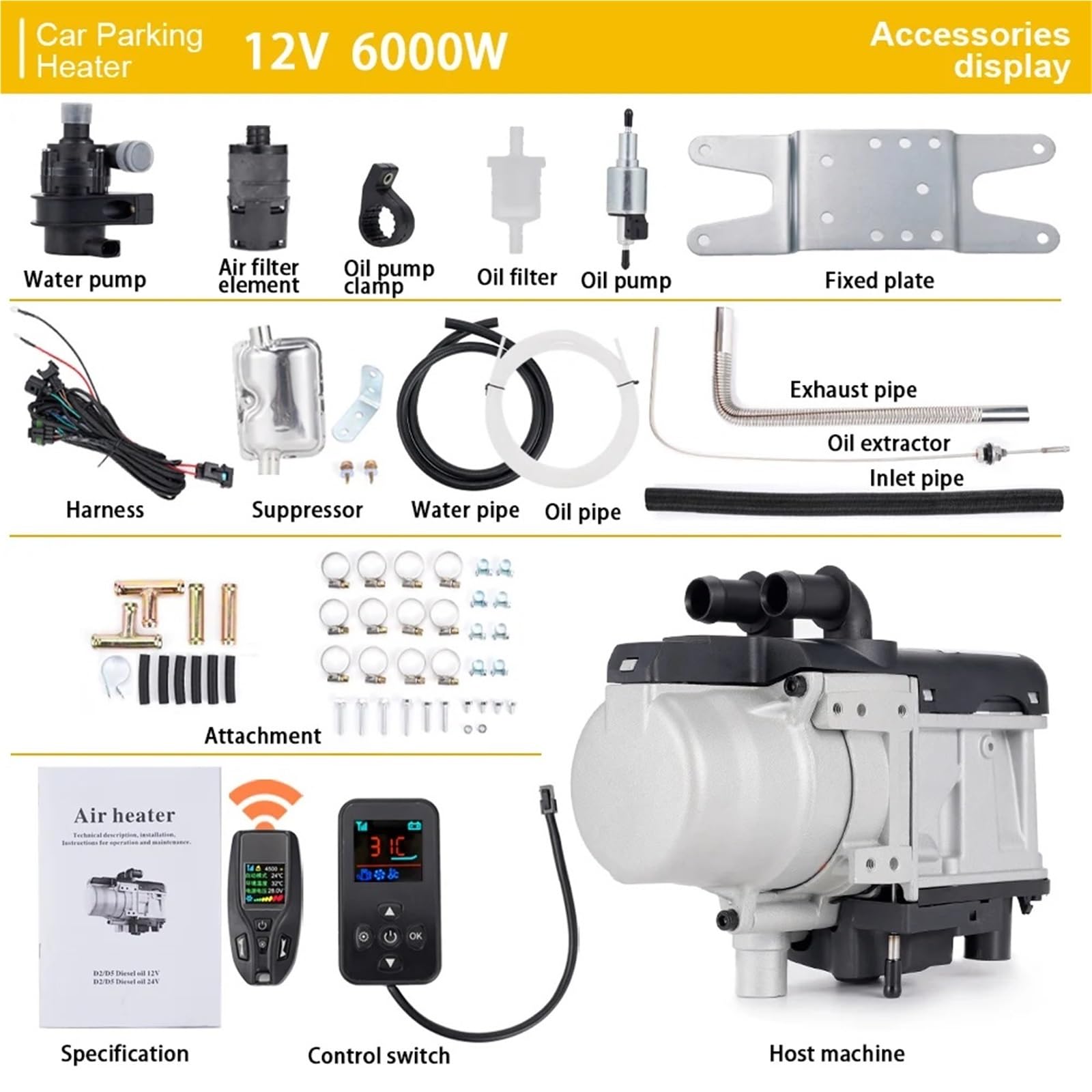 Diesel Heater 12V 6KW Podgrzewacz Paliwa Diesel Płynny Podgrzewacz Benzyny Przełącznik LCD Tłumik + Pompa Wody Urządzenie Ogrzewania Postojowego nagrzewnica powietrza(Two-way remote)