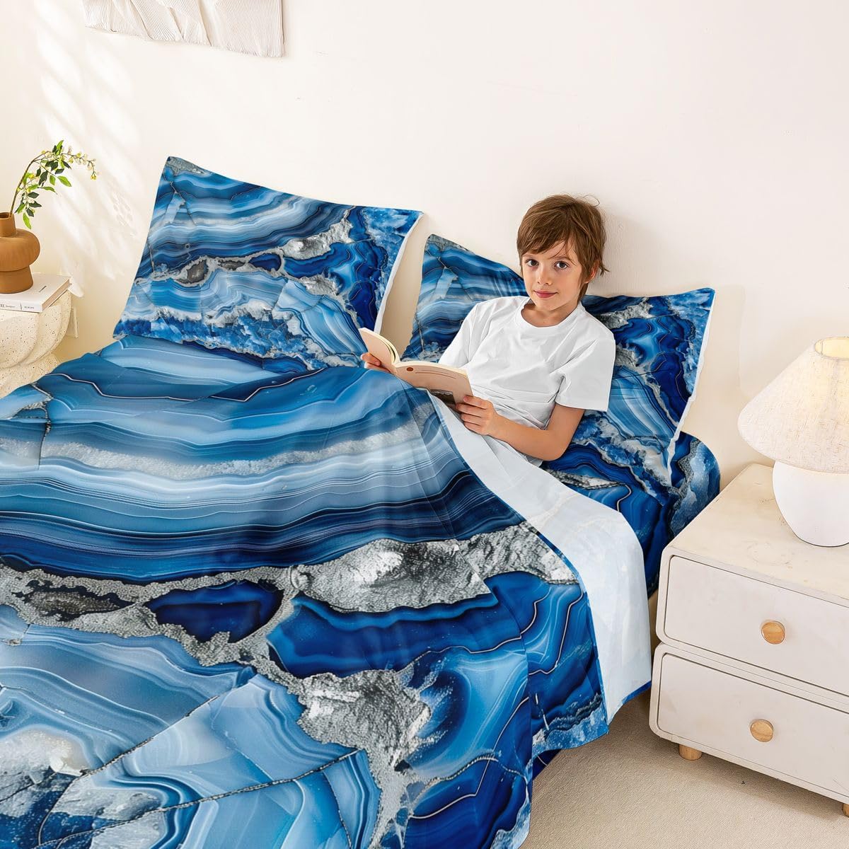 jejeloiu Blue Marble Bed Sheets Set Full Size Abstract Bed Set for Kids Boys Girls Modern Deep Pocket Fitted Sheet Marble Art Painting Breathable Soft Lightweight Microfiber