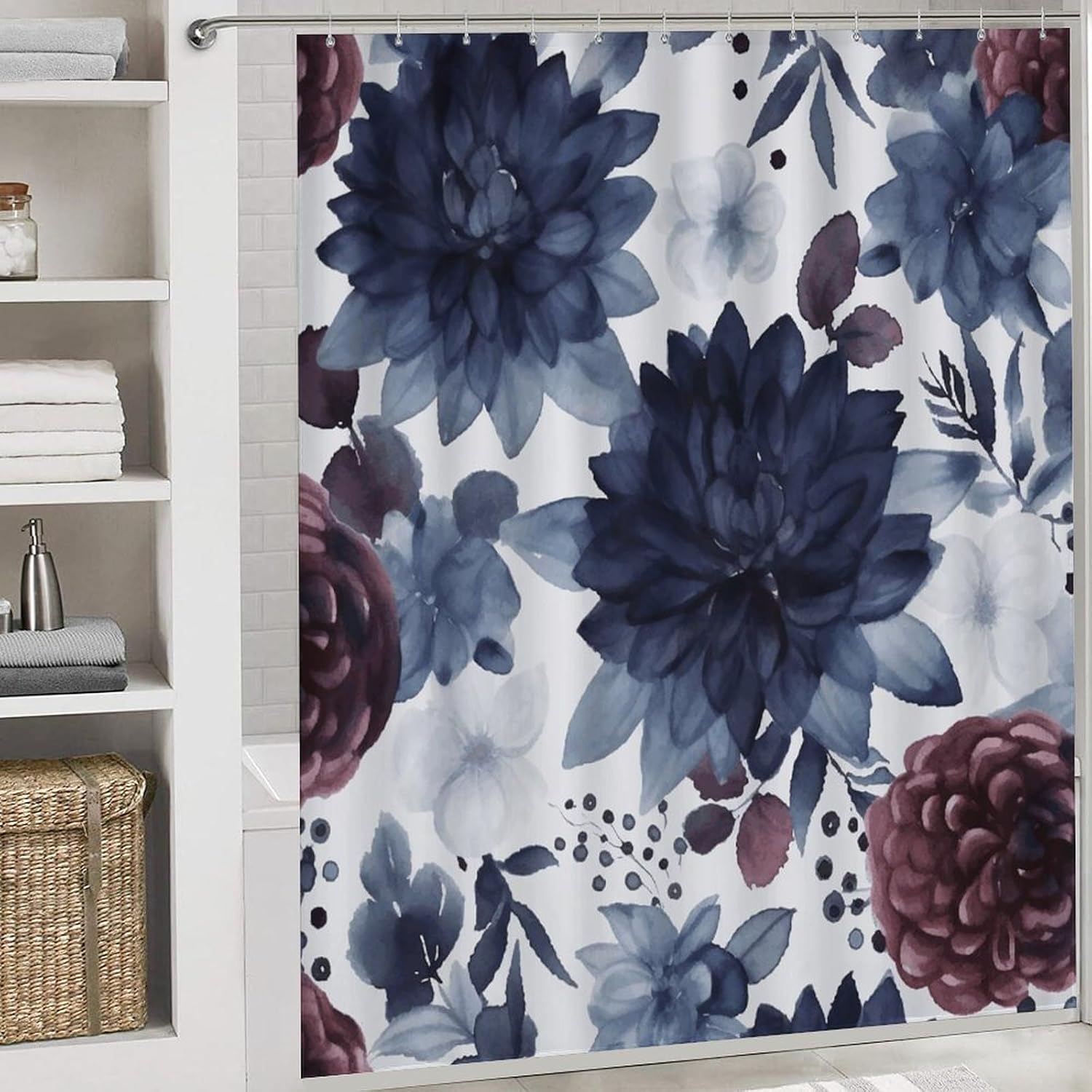 Watercolor Dark Blue Pattern Shower Curtain Set 4 Piece, Non-Slip Bath Mat with Toilet Lid Cover and Waterproof Shower Curtain with 12 Hooks, Complete Bathroom Set for Home Decor