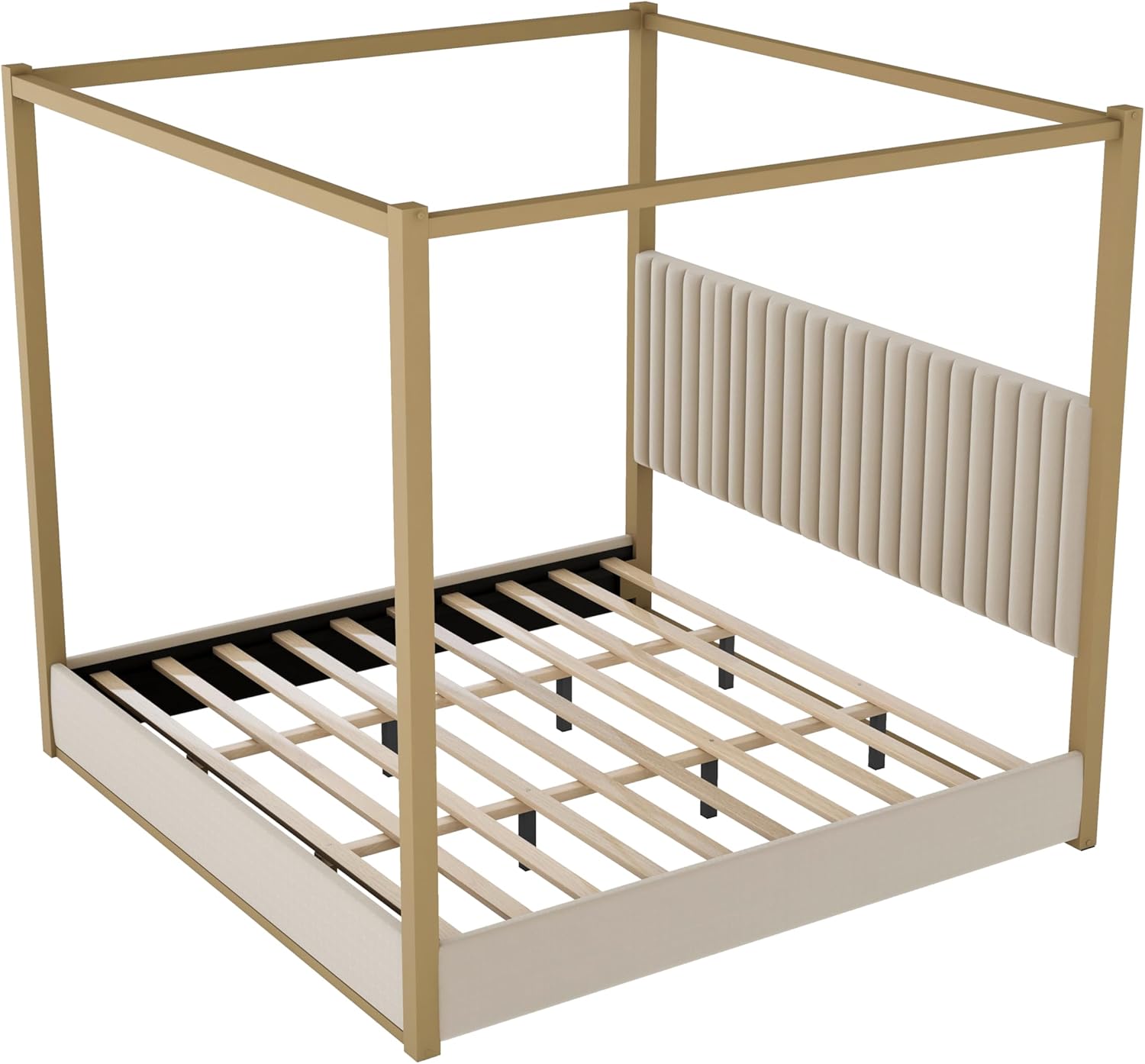 LUMISOL Canopy Bed Frame King Size, Upholstered Canopy Platform Bed with Upholstered Headboard, Morden Metal Low Profile Platform Beds with Wooden Slats Support, Beige