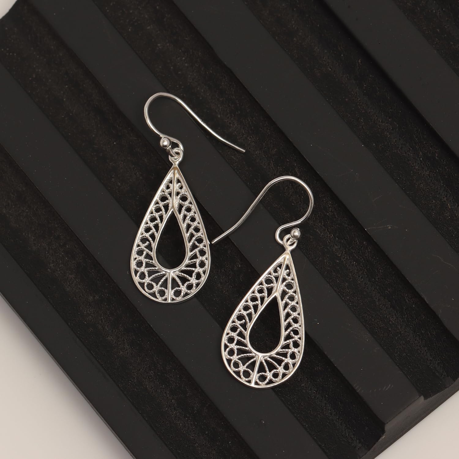 LeCalla Sterling Silver Dangle Earrings for Women | 925 Sterling Silver Long Interlocked Handmade Textured Drop Earring for Women