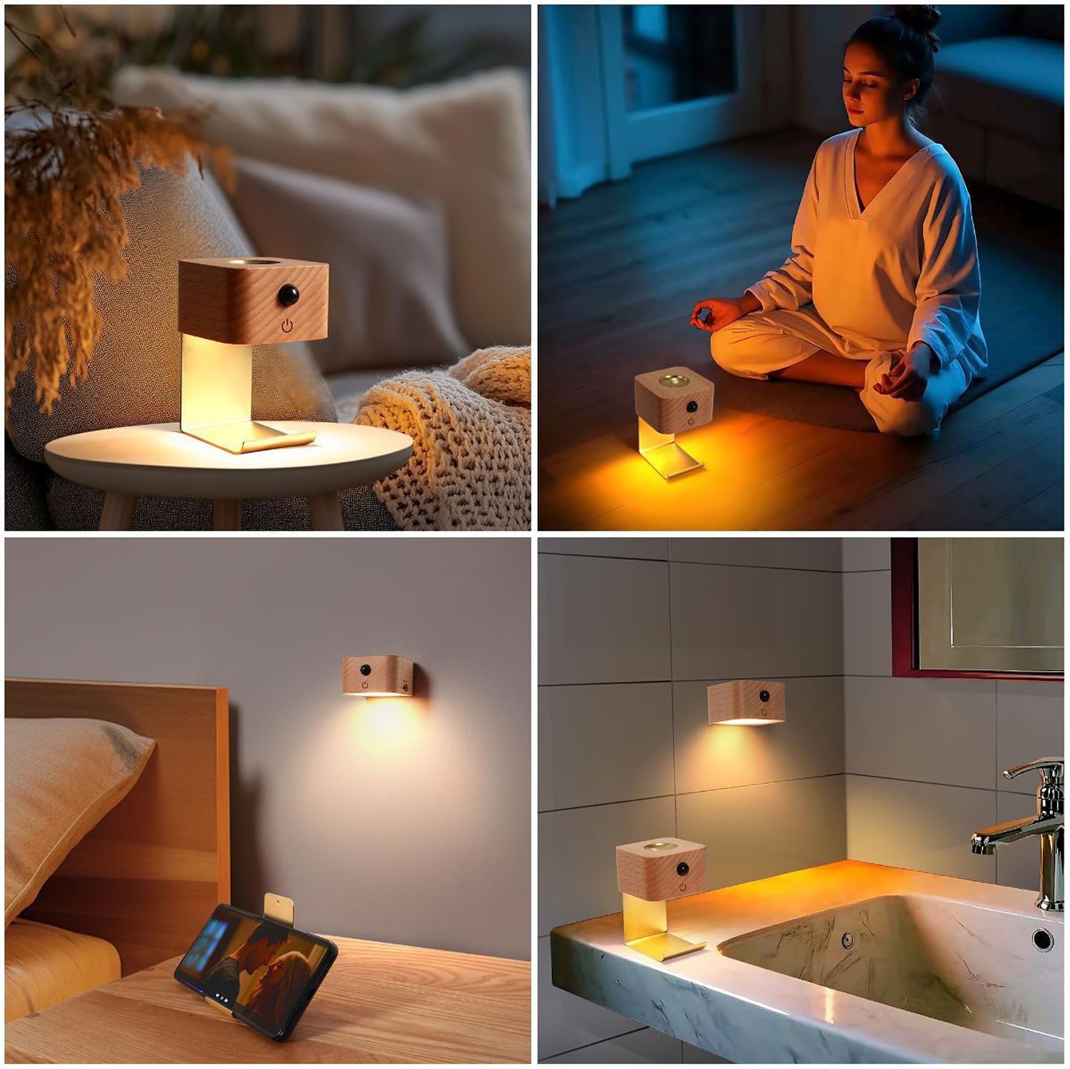 Bedroom Sensor Bedside Lamps, Wooden LED Desk Lamp, Motion Sensor Wall Lamp, Built-in USB Type-C Rechargeable Battery, 2700-3000K Soft Lights Night Lights, Romantic Atmosphere Light (Dark Wood)