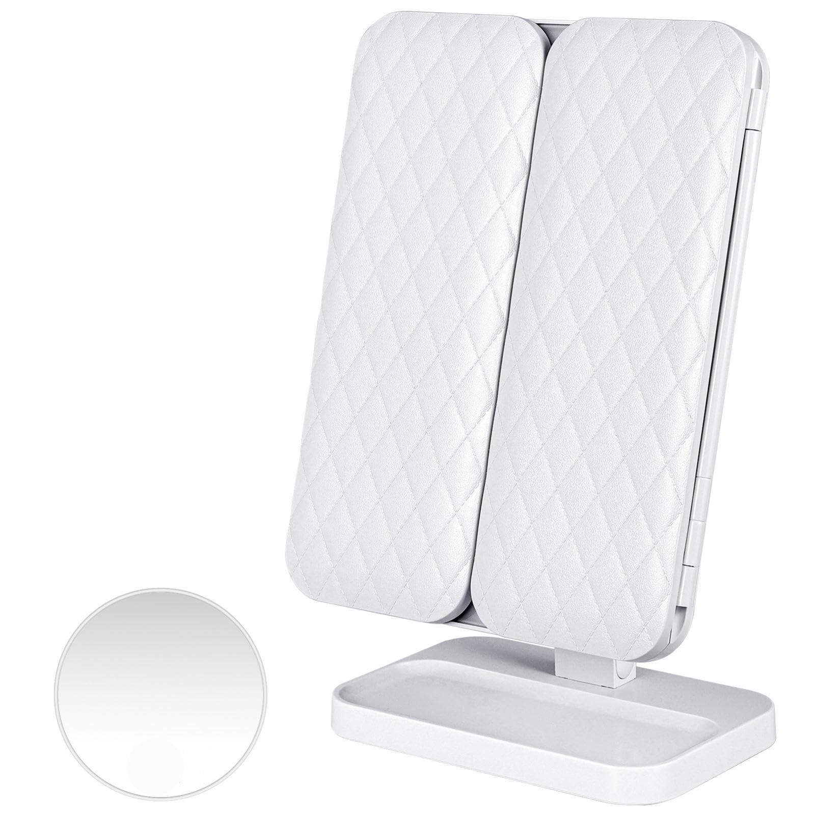 Makeup Mirror Vanity Mirror with Lights - 2X 3X 10X Magnifying Mirror, 70 Rechargeable LED Lighted, Portable for Travel Essentials, Trifold Mirror for Desk Table, Cordless or Plug in, White