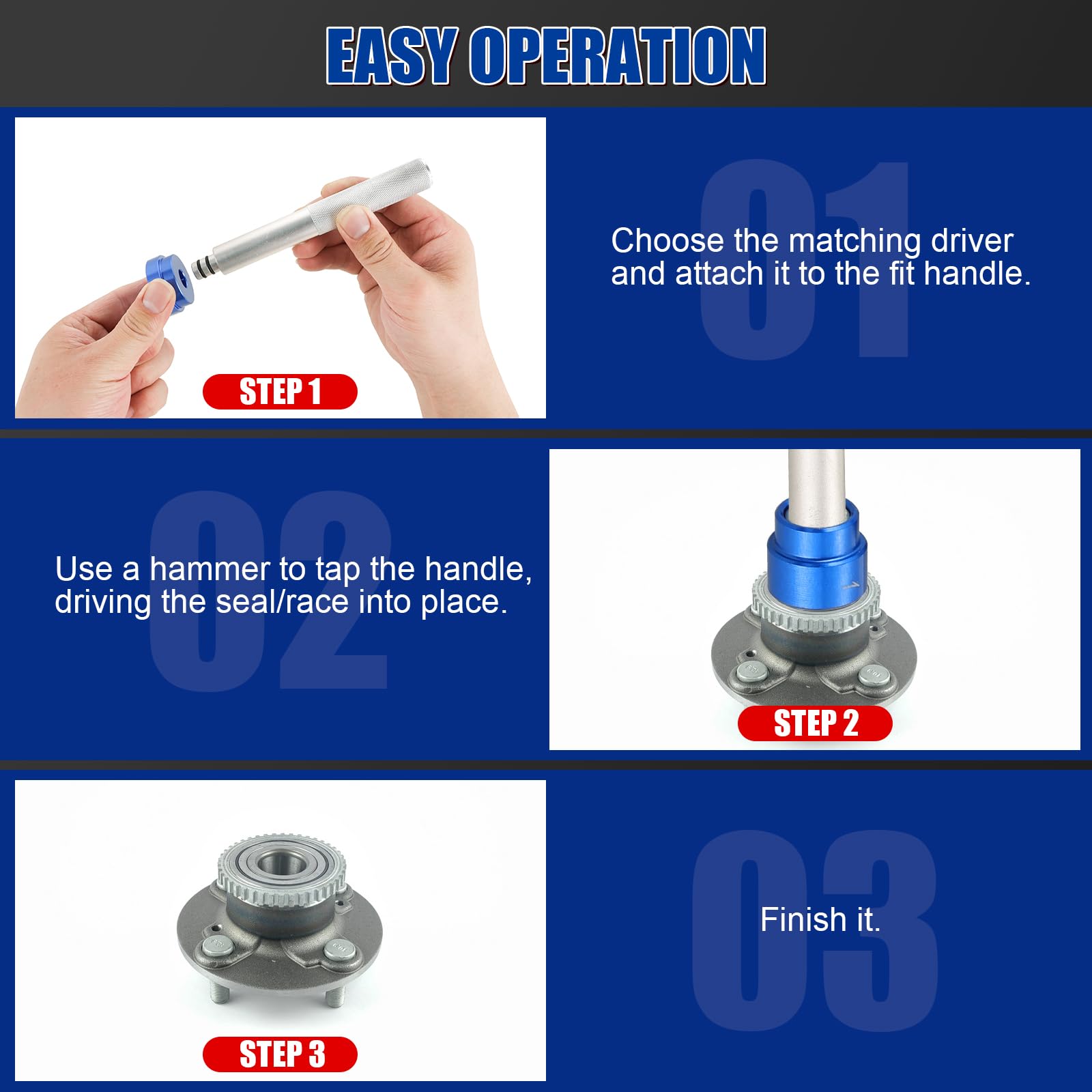Kit pressa per cuscinetti, set di driver per piste e guarnizioni per cuscinetti da 33 pezzi con adattatori SAE metrici, set di driver per boccole con 3 impugnature zigrinate, set di driver per guarn