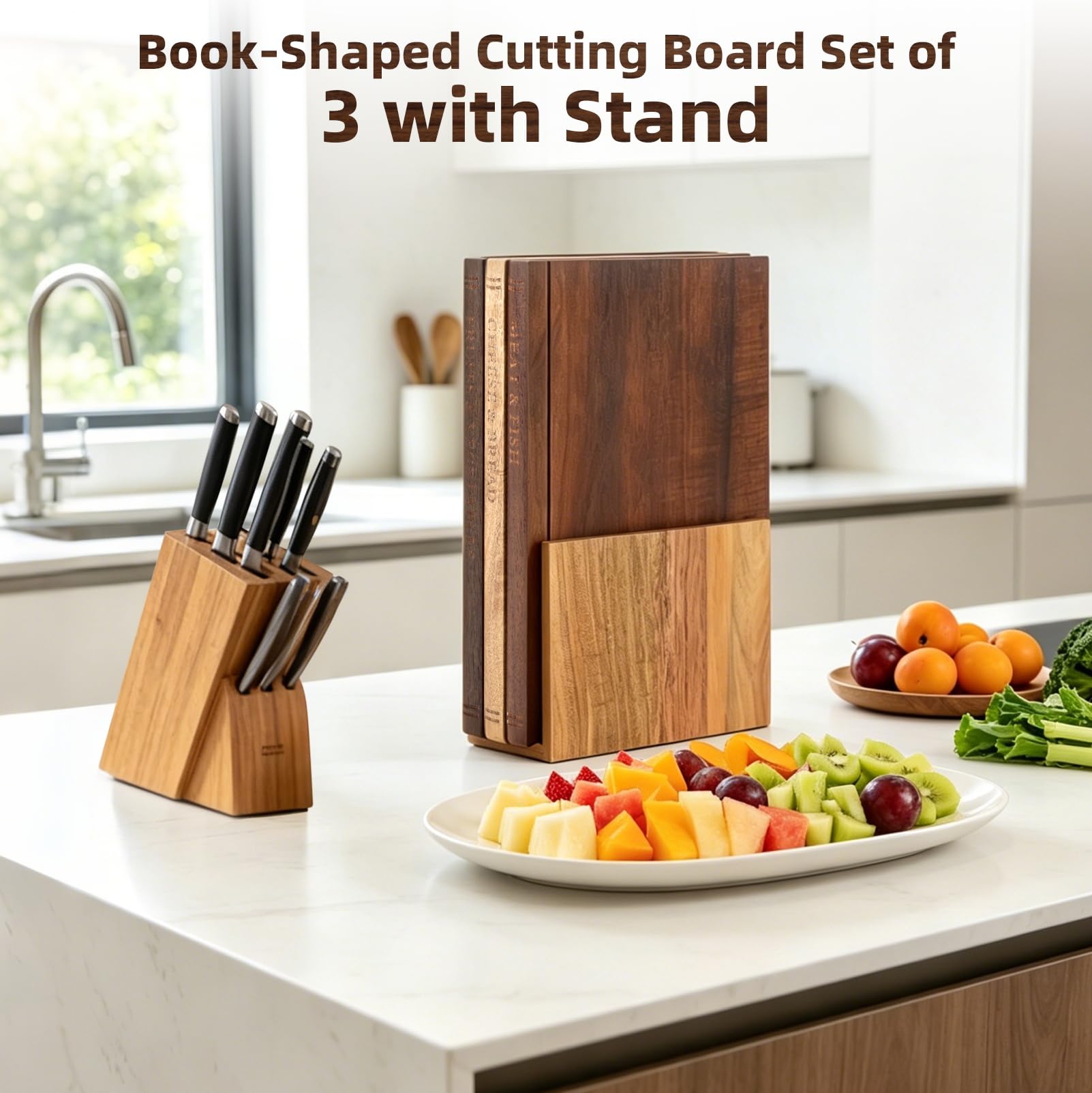 Schneidebrett 3er Set mit Ständer, Holzbrett Küche Buchdesign Küchenbretter, Rutschfest, Schmutzabweisend, Cutting Board für Käse, Brot, Gemüse, Langlebig und Praktisch