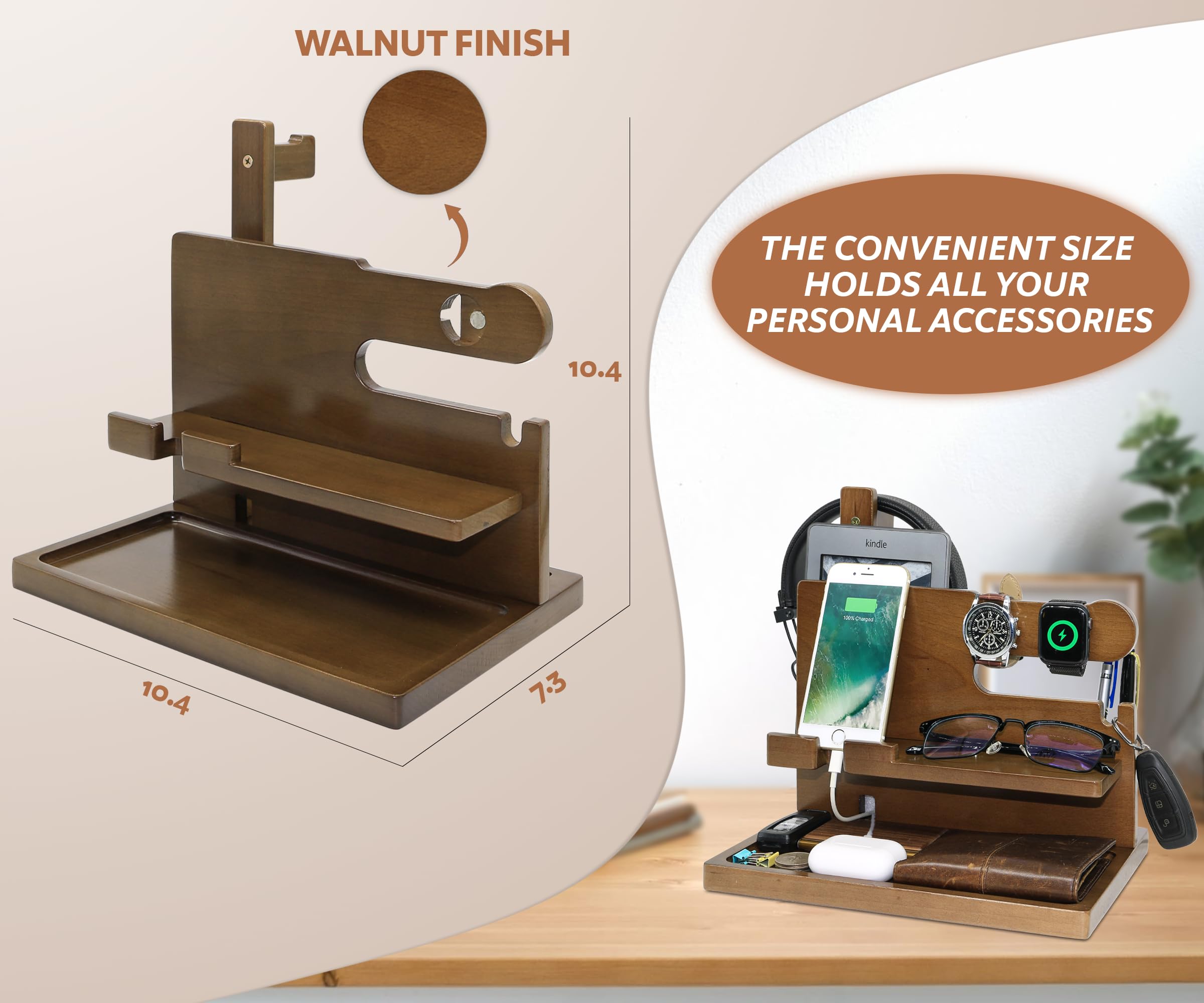 Organizador de escritorio personalizado para hombres, organizador de accesorios hecho a mano con soporte para auriculares, soporte para reloj, ideas de regalo únicas para marido, novio en cumpleaños y