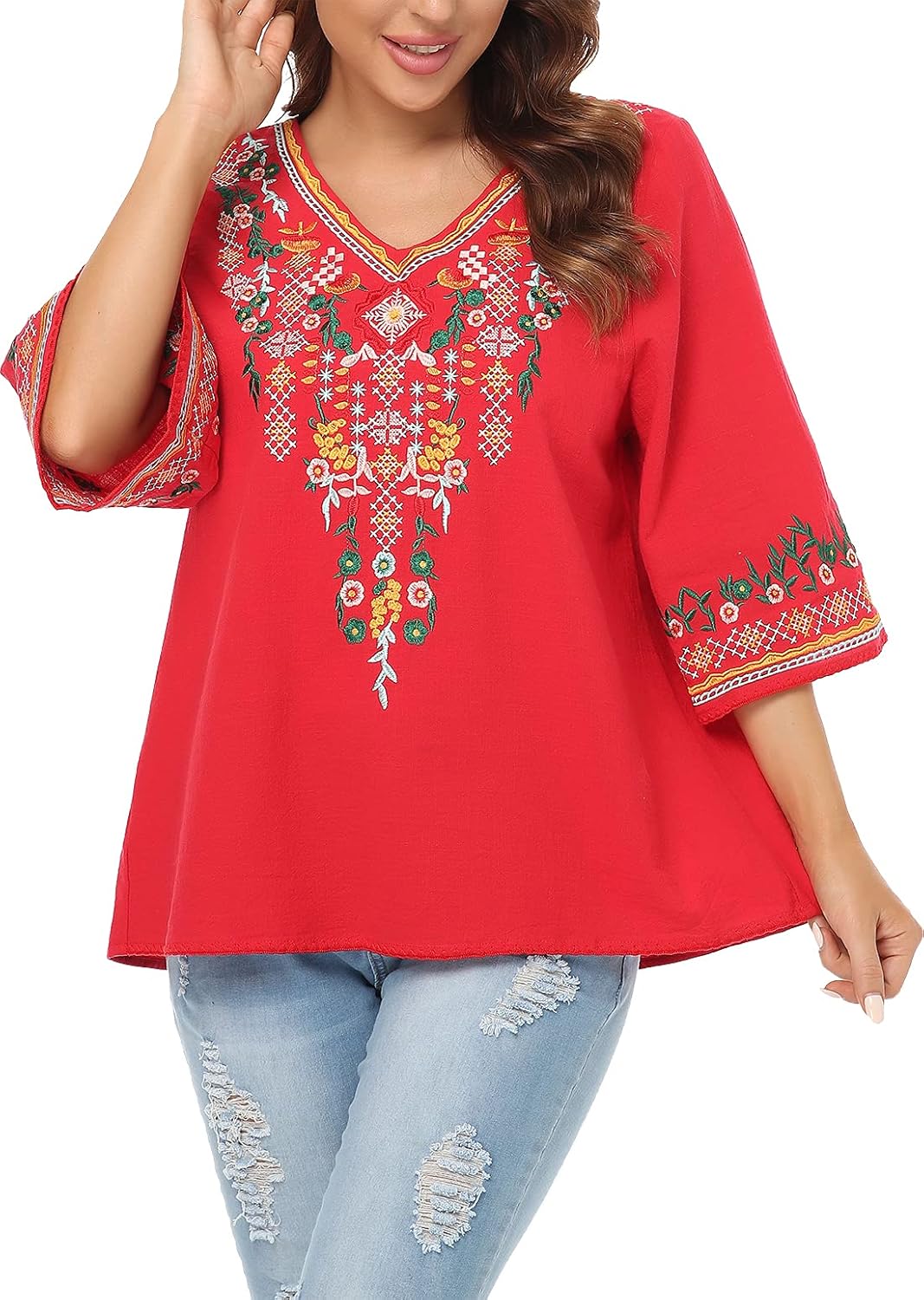 YZXDORWJ Women's V Neck Embroidered Mexican Peasant Blouse - Image 6