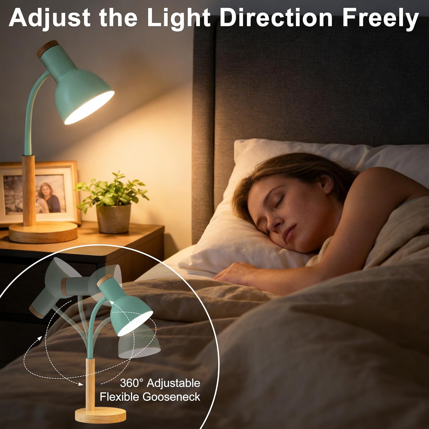 WLHONG LED Desk Lamp, Modern Table Lamps 3 Color Modes, Eye-Caring Reading Light, Desk Light with Adjustable Flexible Gooseneck, Study Lamp for Kids Audlt Bedside Dorm Room Essentials (Green)