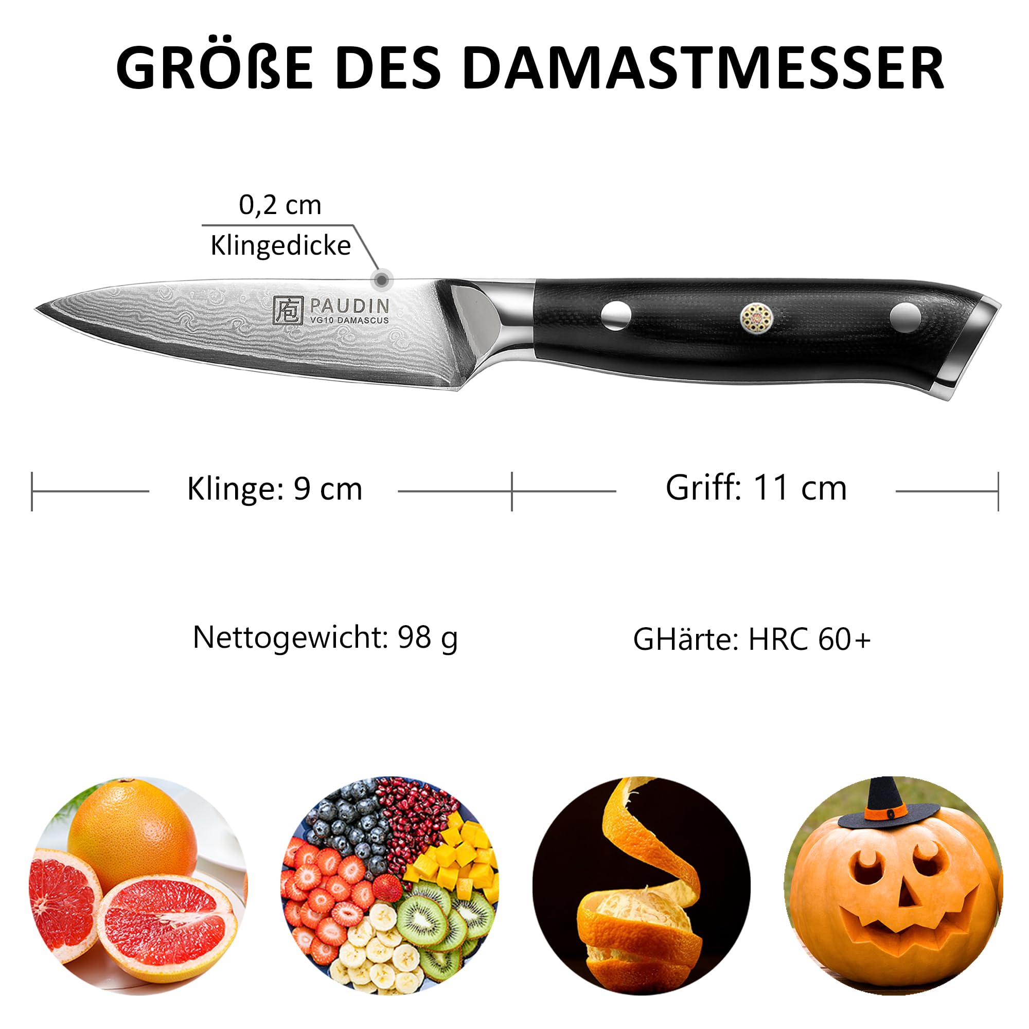 PAUDIN Damastmesser 9 cm – Gemüsemesser Schälmesser Obstmesser – VG10 Profi-Küchenmesser mit schwarzem ergonomischem G10-Griff