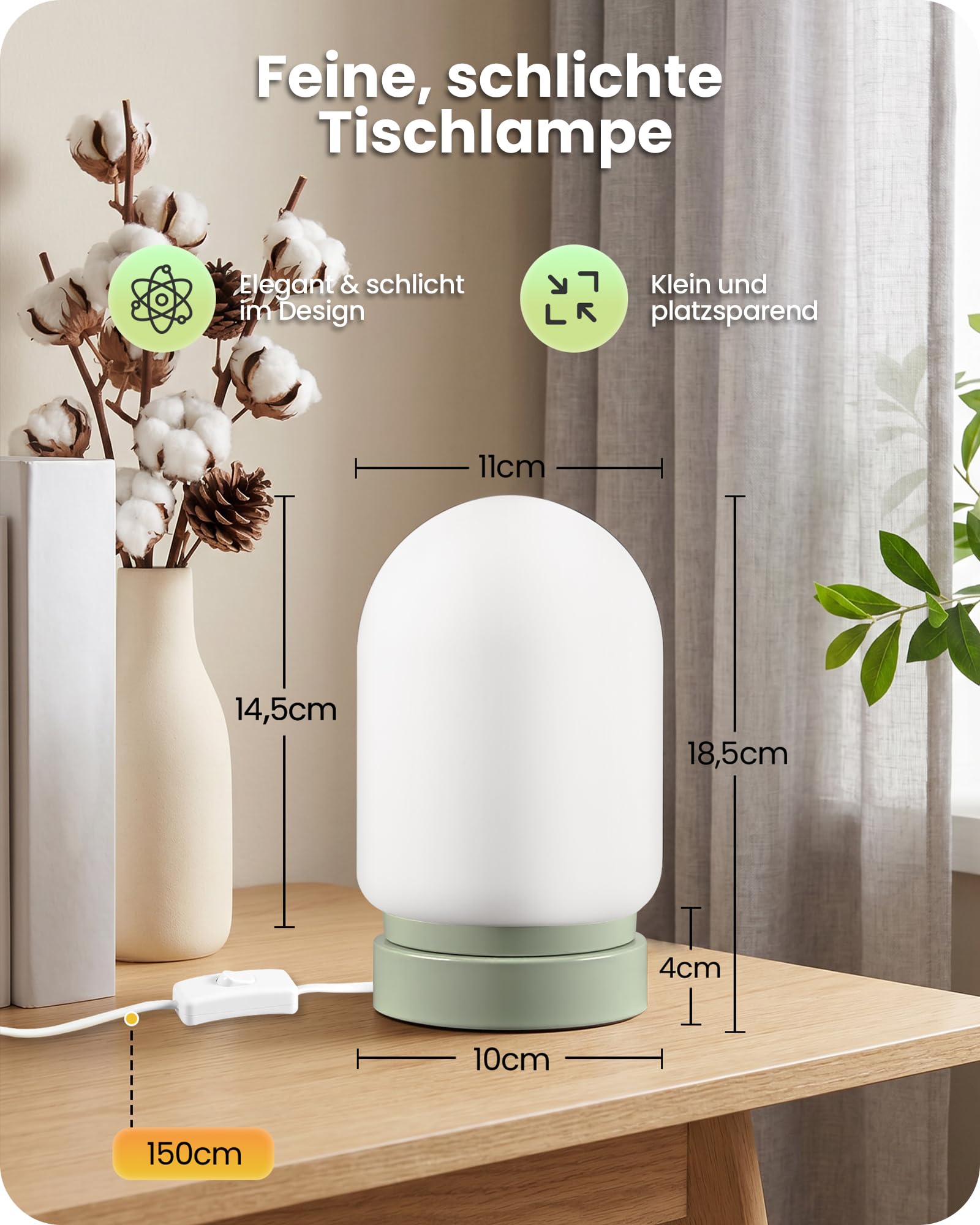 GOEBLESON Glas Tischlampe Salbeigrün, kleine Nachttischlampe Glasschirm