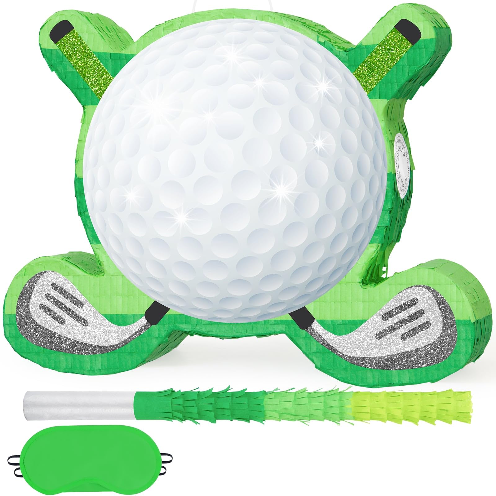 WERNNSAI Golf Piñata - Green Golf Ball & Club Shaped Piñata with Blindfold and Bat Sports Themed Birthday Party Decorations, Golf Party Supplies for Sports Celebration Favors(16.5" x 12.4" x 2.9")