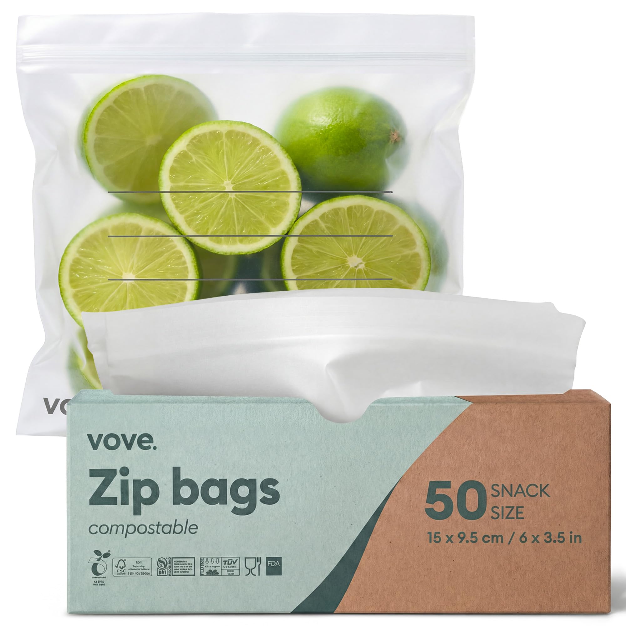 Compostable Snack Bags 50 Ct – PFAS-Free, BPI Certified, Freezer Safe with Airtight Seal for Snacks & School Lunches, Plant-Based