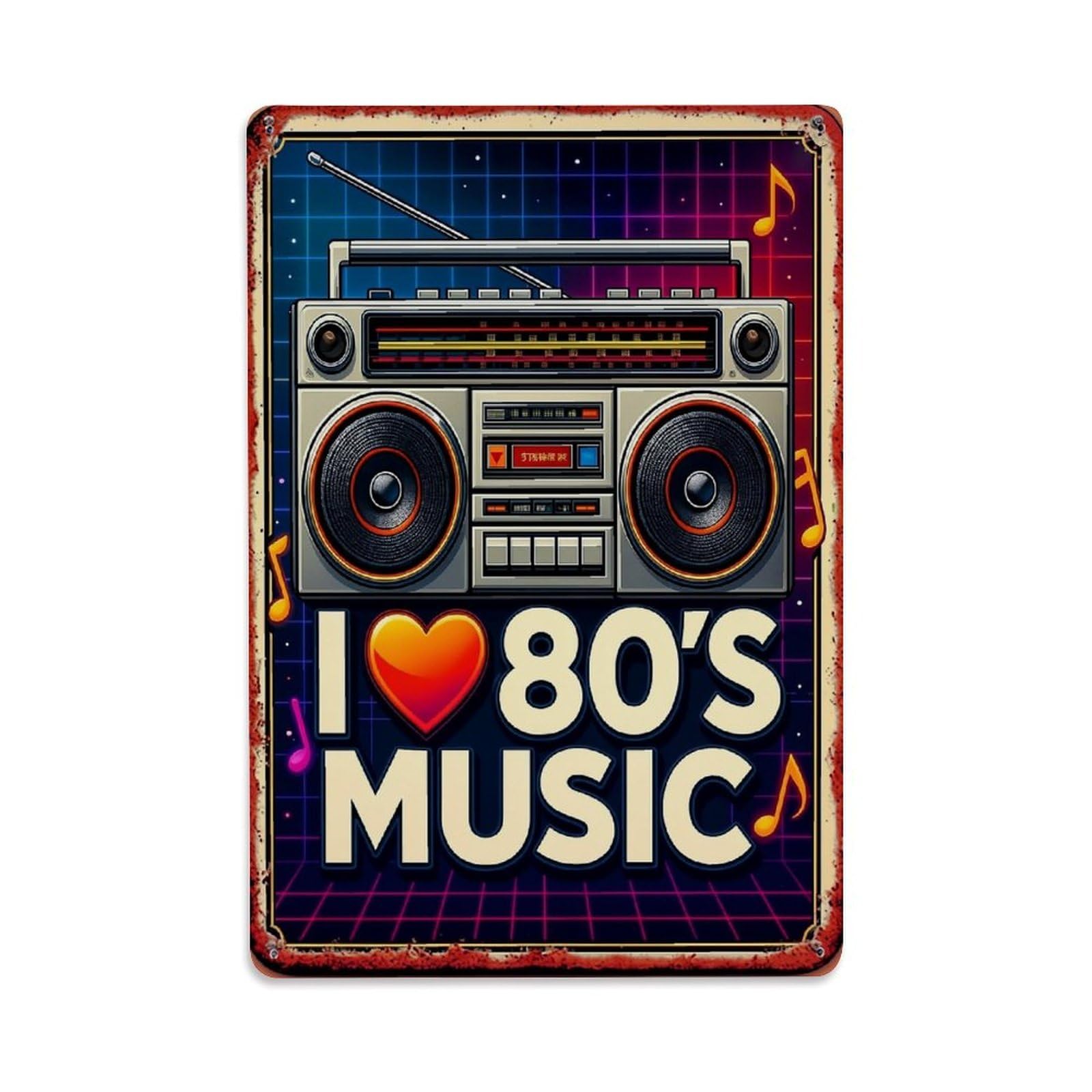Jdfenggu Vintage Retro Boombox With Music Notes Retro Metal Tin Sign, Metal Poster For Bar, Home, Man Cave, Kitchen, Laundry Room Art Decor 8X12 Inch