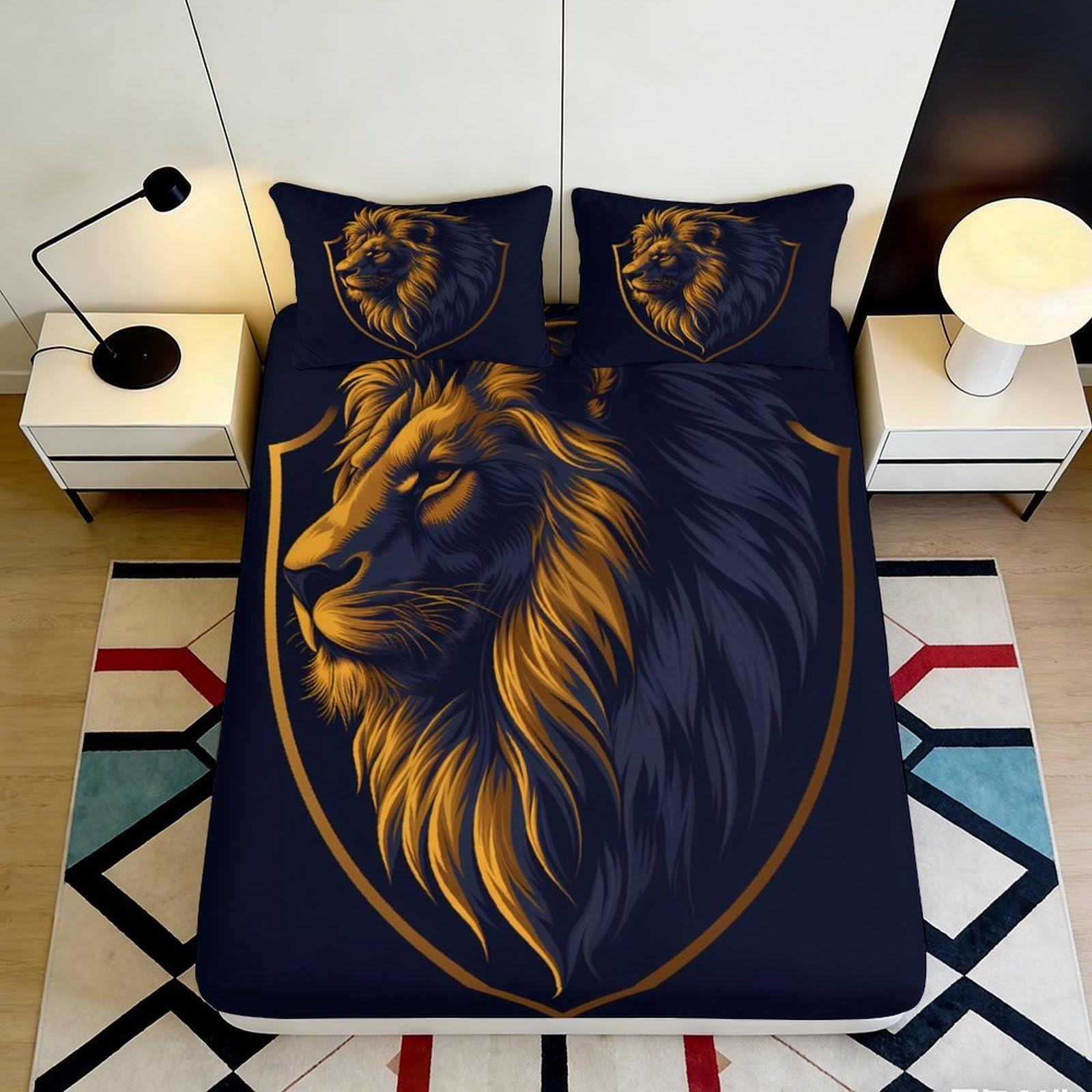 3D Printed Golden Lion Fitted Sheet Microfiber Navy Blue Shield Bed Cover Anti-Slip for Bedroom Dorm Mattress Protection Decor 90x200x25cm