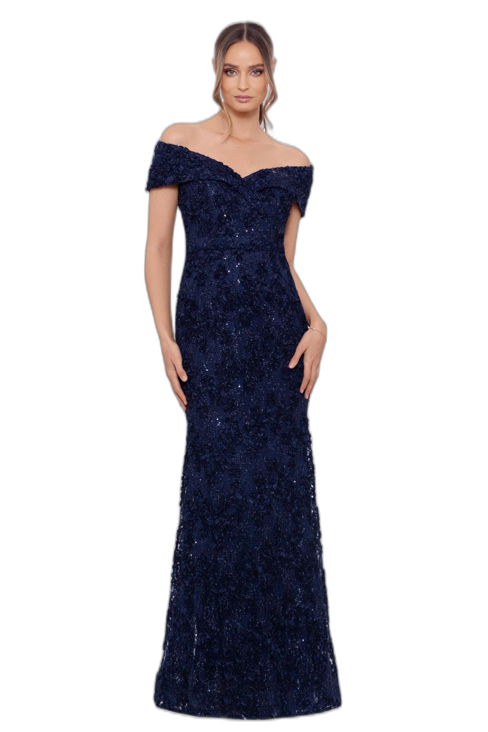 Xscape Women's Off The Shoulder Sequin &amp; Lace Overlay Evening Gown with Sweetheart Neckline, Sheath Formal Dress
