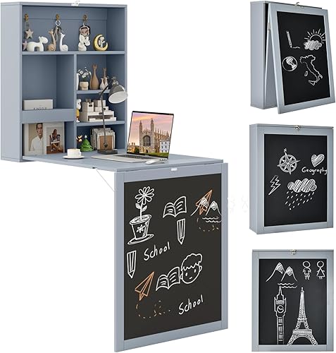Miniatura 8 de Tangkula Escritorio plegable montado en la pared, escritorio flotante con pizarra, escritorio plegable para ahorrar espacio, escritorio convertible