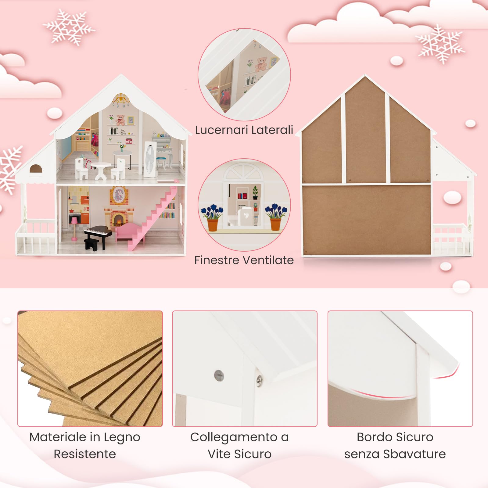 GYMAX Casa delle Bambole in Legno per Bambini, Villa a 2 Piani Semi-Aperta con Stanze e Set di Mobili, Portico e Lucernari, Ideale per Bambini dai 3 Anni +, 81 x 30 x 86 cm
