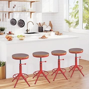 Topower Industrial Adjustable Height 17.71-21.65in Bar Stools, Metal Frame with Round Wood Seats, Kitchen Dining Breakfast Chair, Counter Stool Set of 4, Antique Red