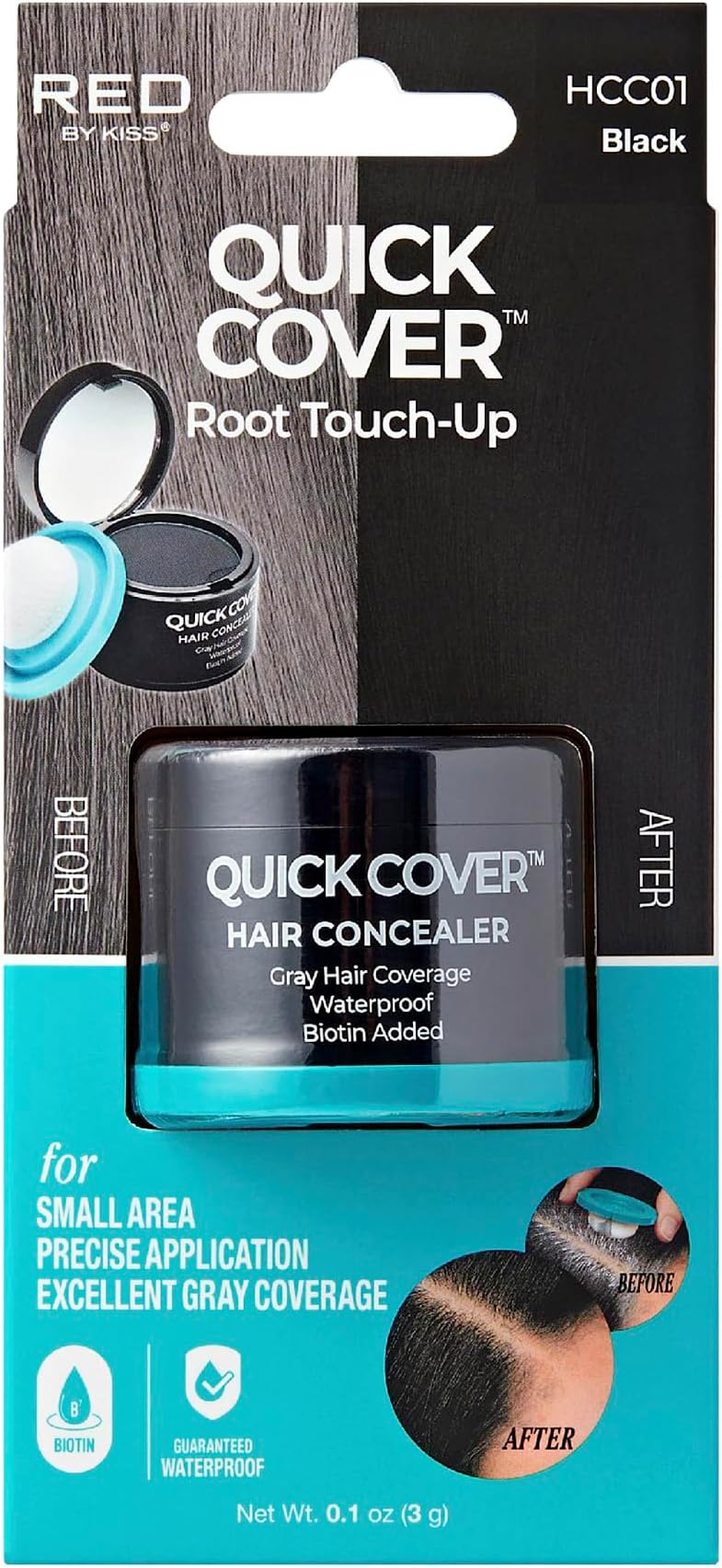 Red by Kiss Quick Cover Hair Concealer, Temporary Root Touch-Up, Precision Gray Coverage, Lightweight & Waterproof, Biotin Infused (Black)