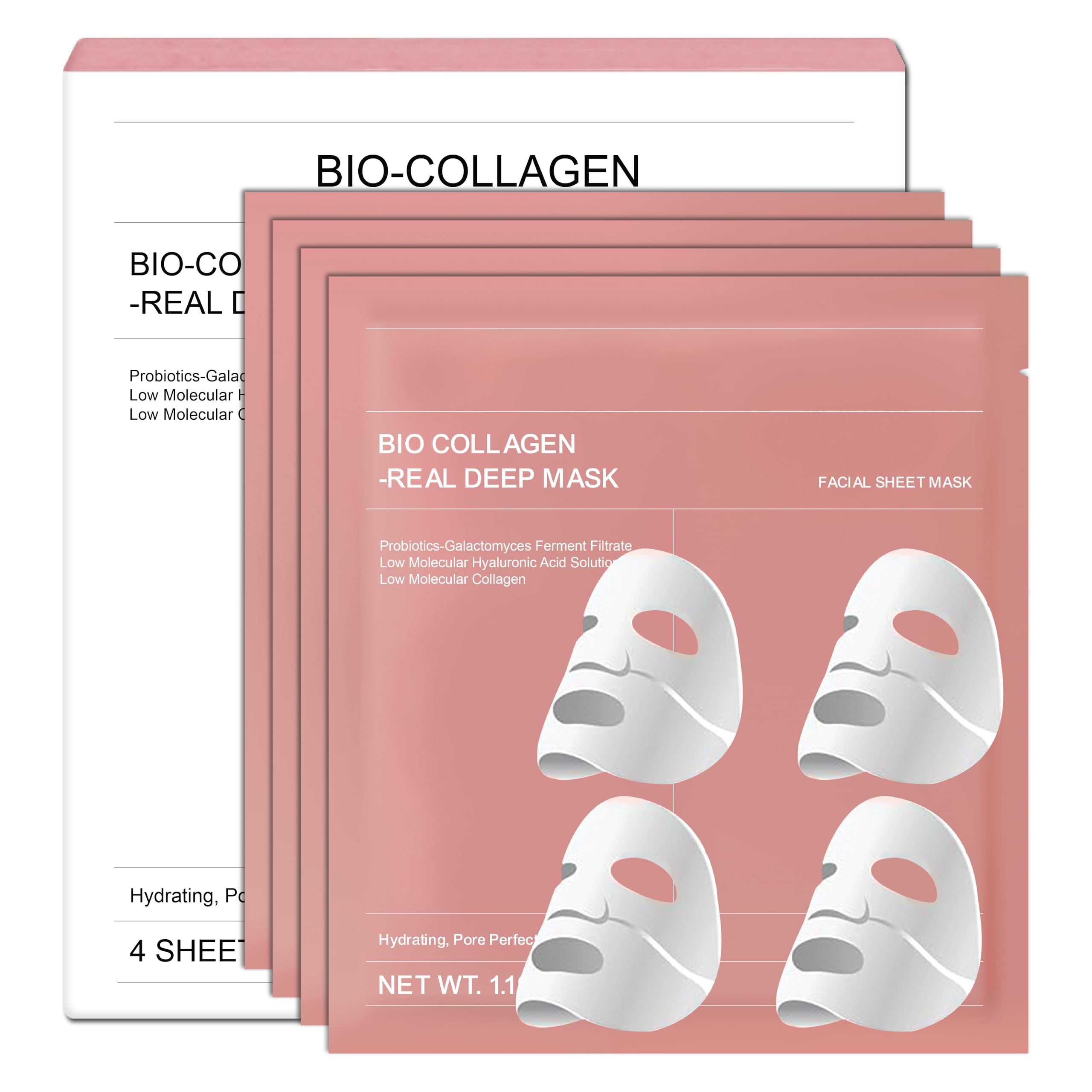 4PCS Bio-Collagen Real Deep Face Mask | Overnight Hydrogel Mask For Hydrating, Pore Minimizing, Firming & Elasticity | 34g x 4 pcs