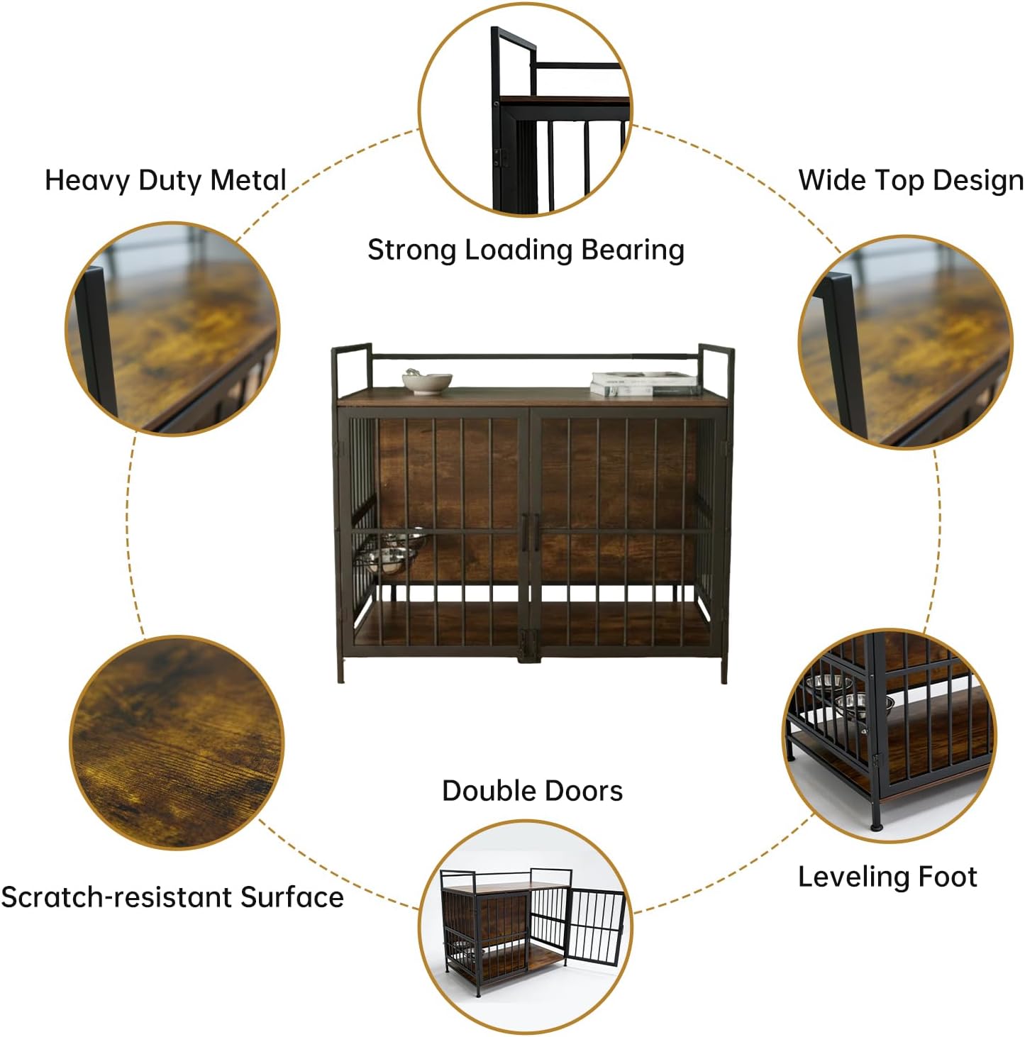 Heavy Duty Dog Crate Furniture with Feeders, Wooden End Table Kennel for Large & Medium Dogs, Chew Proof Indoor Pet Cage with Double Doors