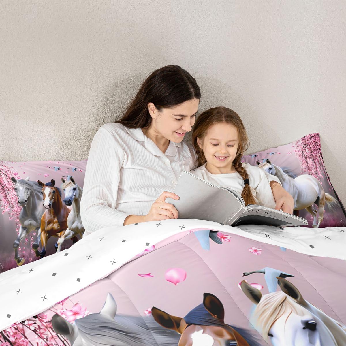 Feelyou Girls Horse Full Size Comforter Set Cherry Blossom Galloping Horse Bedding Set for Kids Boys Teens Western Duvet Comforter Floral Animal Decor Gifts for Girls Quilt Set Bedroom 3Pcs,Pink