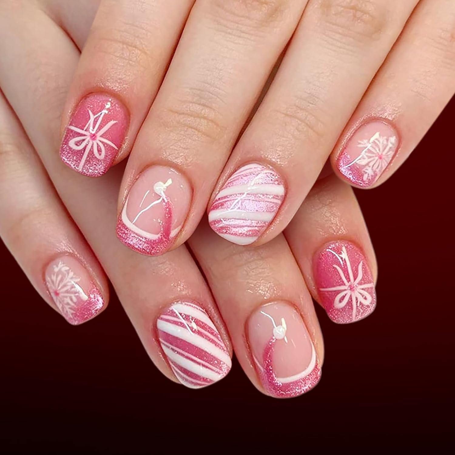 24PCS Christmas Pink Press on Nails, Stripe Glitter Short Square Manicure
