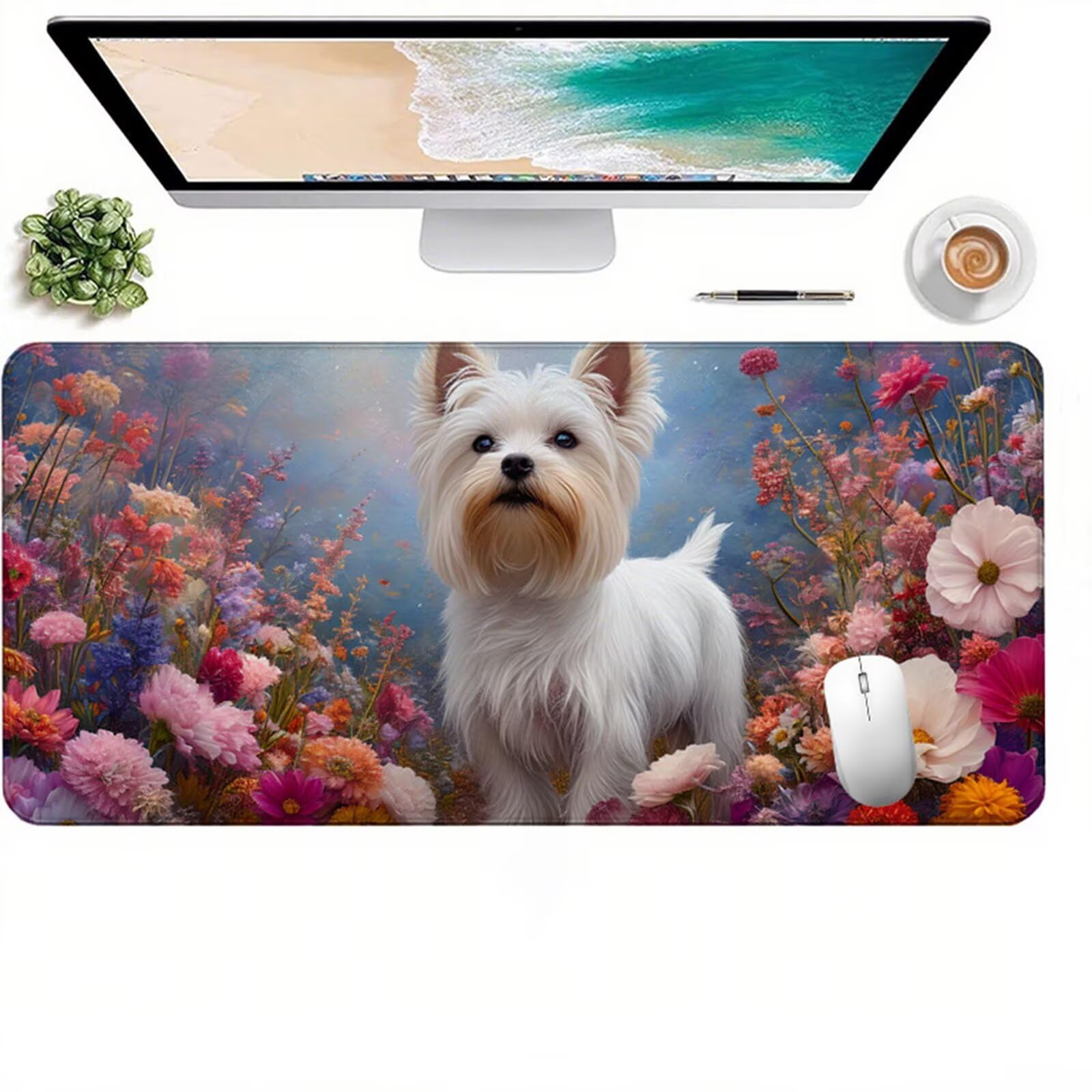 Biała podkładka pod mysz dla graczy XXL 1400 x 600 x 3 mm, podkładka pod biurko pies z antypoślizgową i wodoodporną podkładką z gumową podstawą, gładka powierzchnia poprawia precyzję i szybkość D1-347