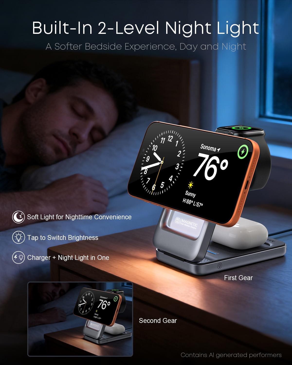 Qi2.2 25W 3-in-1 pieghevole caricatore senza fili magnetico per iPhone, luce notturna | Compatibile con iPhone 17/16/15/14/13/12, Apple Watch e AirPods, adattatore da 45 W + cavo 5A, custodia fino a 3 mm
