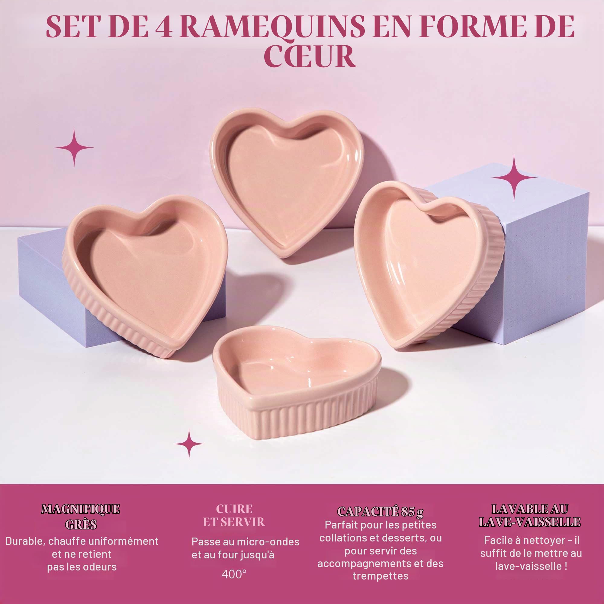 Paris Hilton Lot de 4 ramequins en céramique en forme de cœur