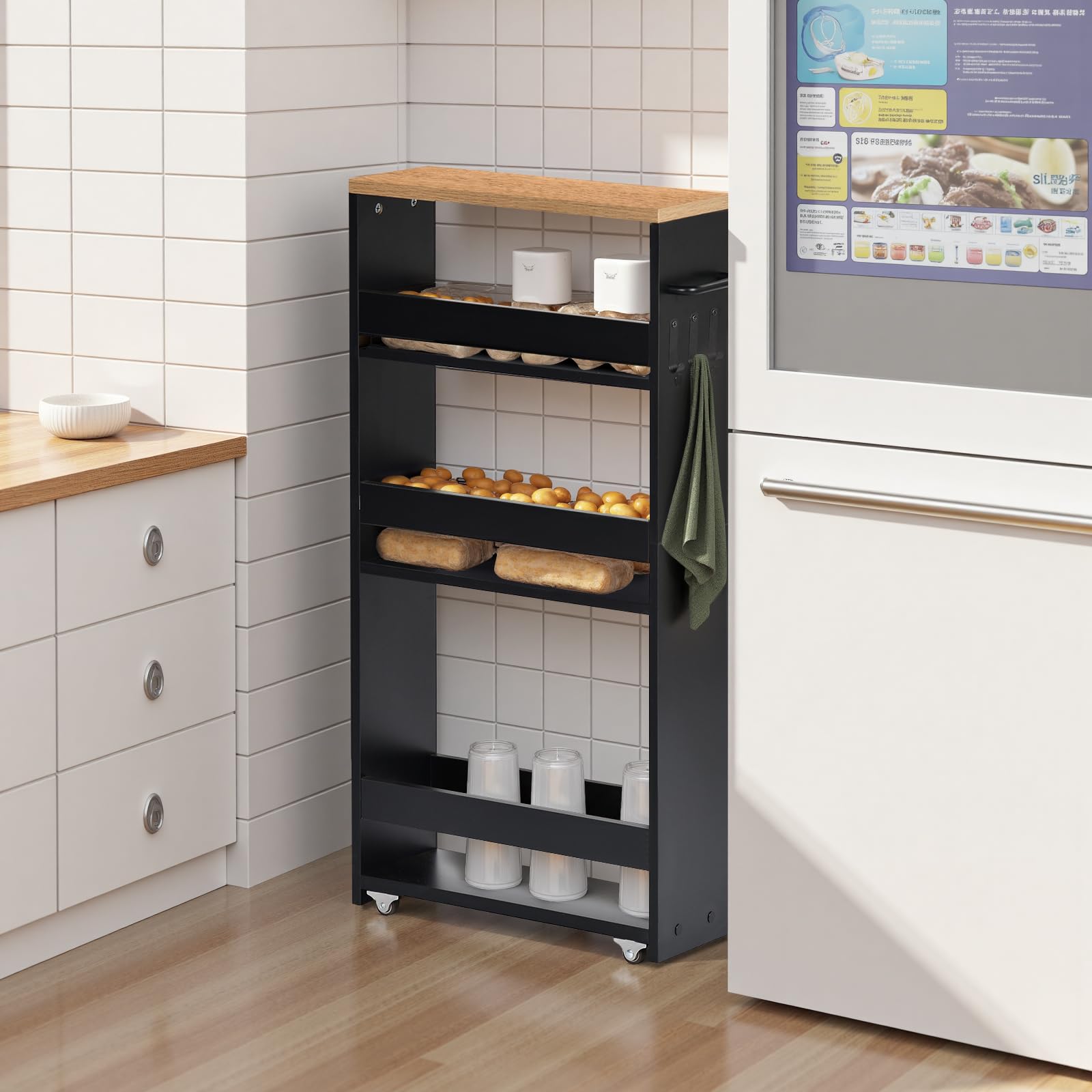 Desserte Étroite à roulettes, Desserte Cuisine, 40×15×80 cm | 4 niveaux de rangement, 15 kg par niveau, avec poignée et 3 crochets pour pour Cuisine étroite Salle de Bain buanderie Bureau