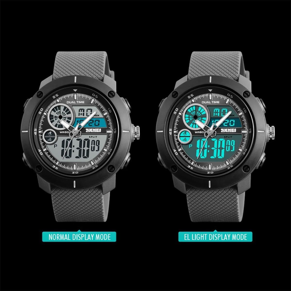 SKMEI DG1361B watch display in normal and EL light mode