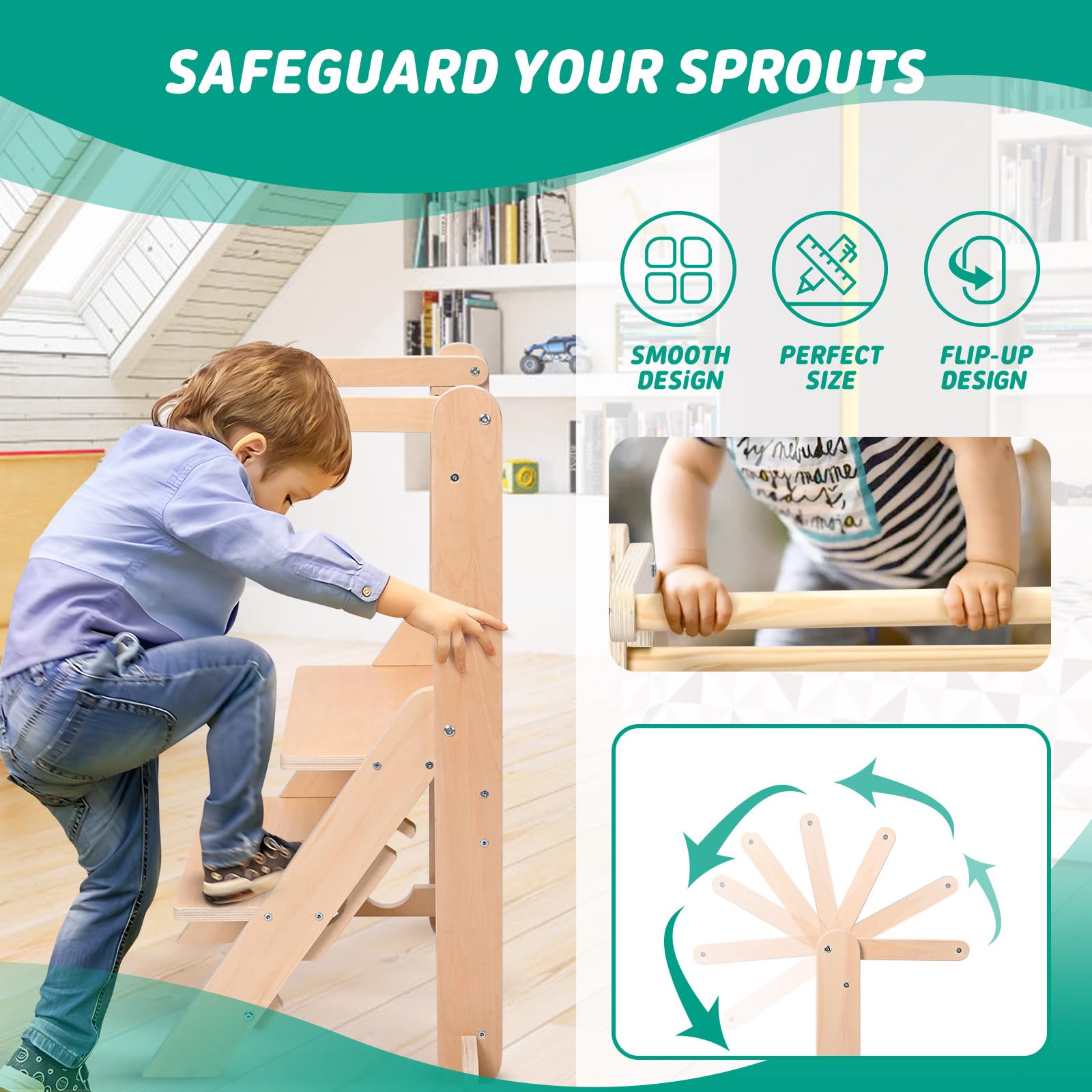Lernturm ab 1 Jahr, Montessori Lernturm klappbar mit 2-facher Höhenverstellung, Holz Learning Tower Bis 50 kg Belastbar, Toddler Tower Sicherer Tritthocker mit Kippschutz