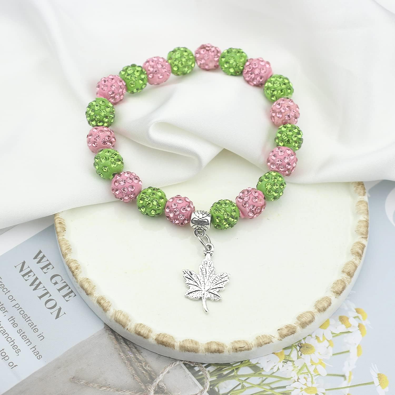 Scwasen Sorority Paraphernalia Gift I Love Sorority Bracelet Pink and Green Jewelry Greek Leaf Pendant Bangle Sisterhood Gift for Women - Image 2